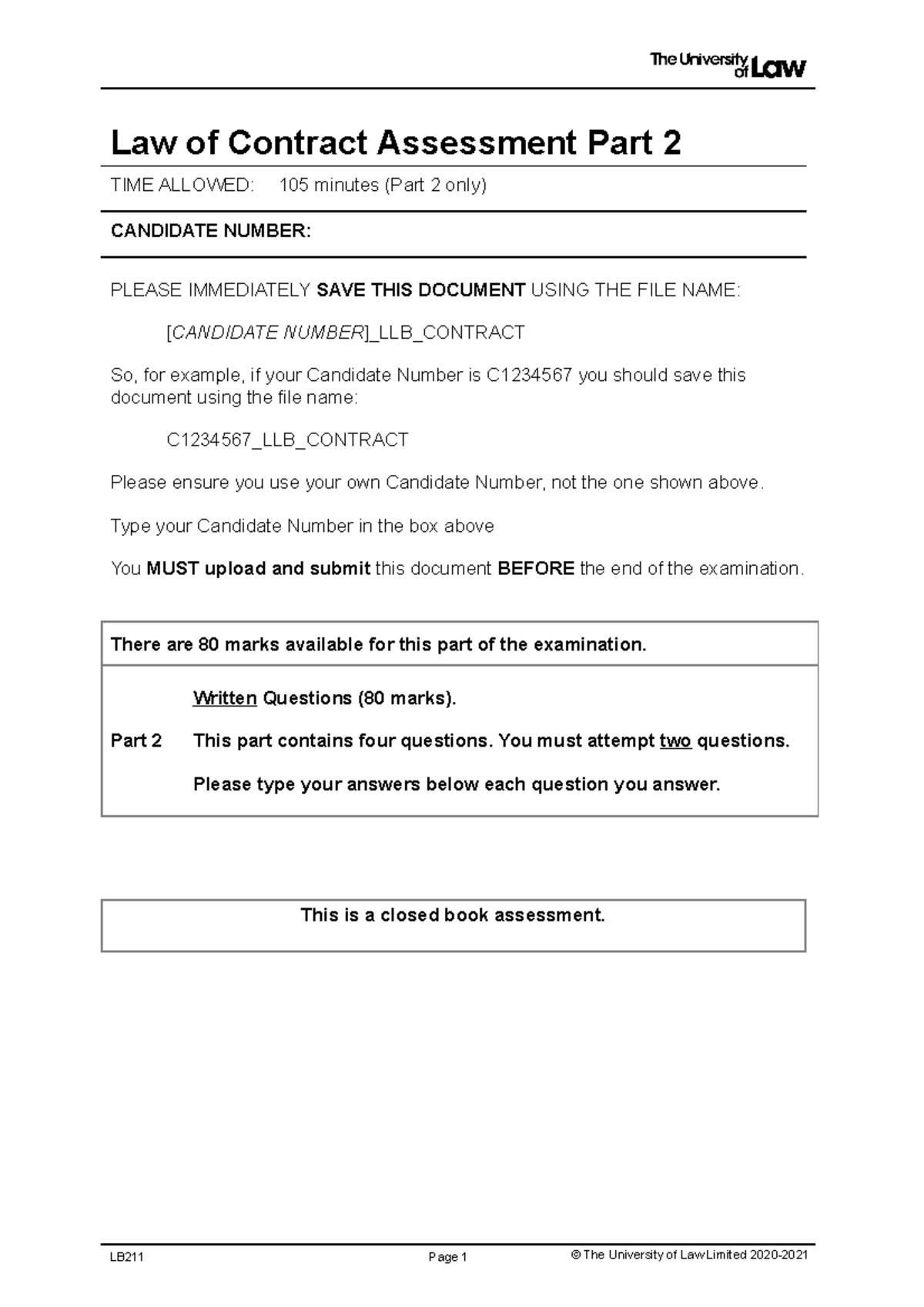 C2035271 LLB Contract - Final Assessment Part 2 Exam Guidelines - Studocu