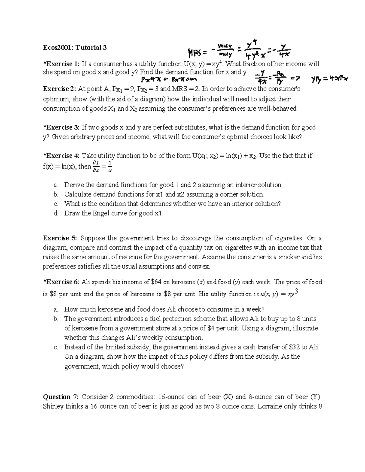 ECOS2001: Tutorial 3 - Consumer Utility and Demand Functions Analysis ...