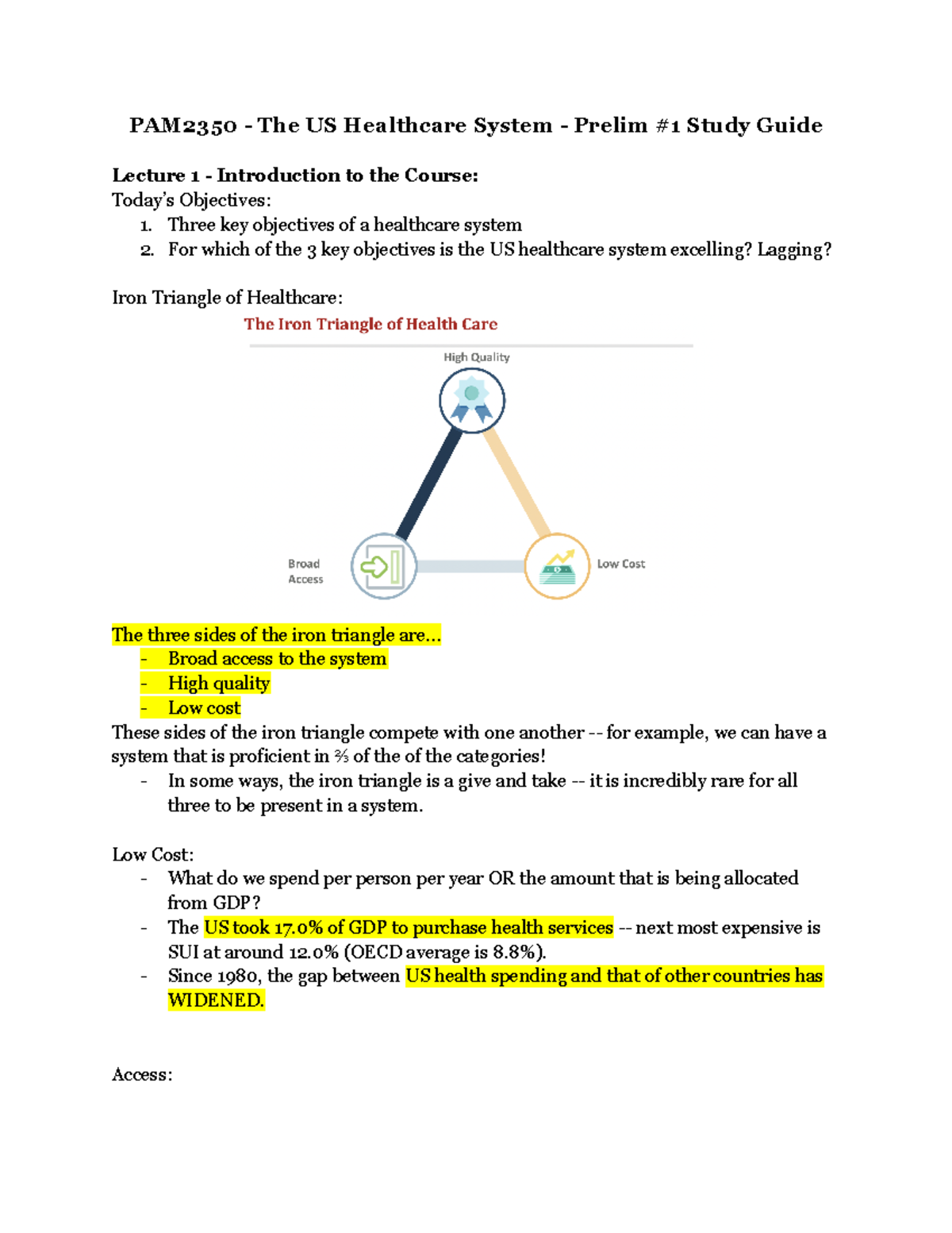 PAM2350 - Prelim #1 Study Guide: The US Healthcare System Insights ...