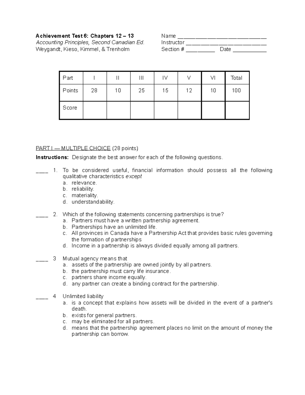 Achieve Test 6b - Accounting test chapter 6 - Achievement Test 6 ...