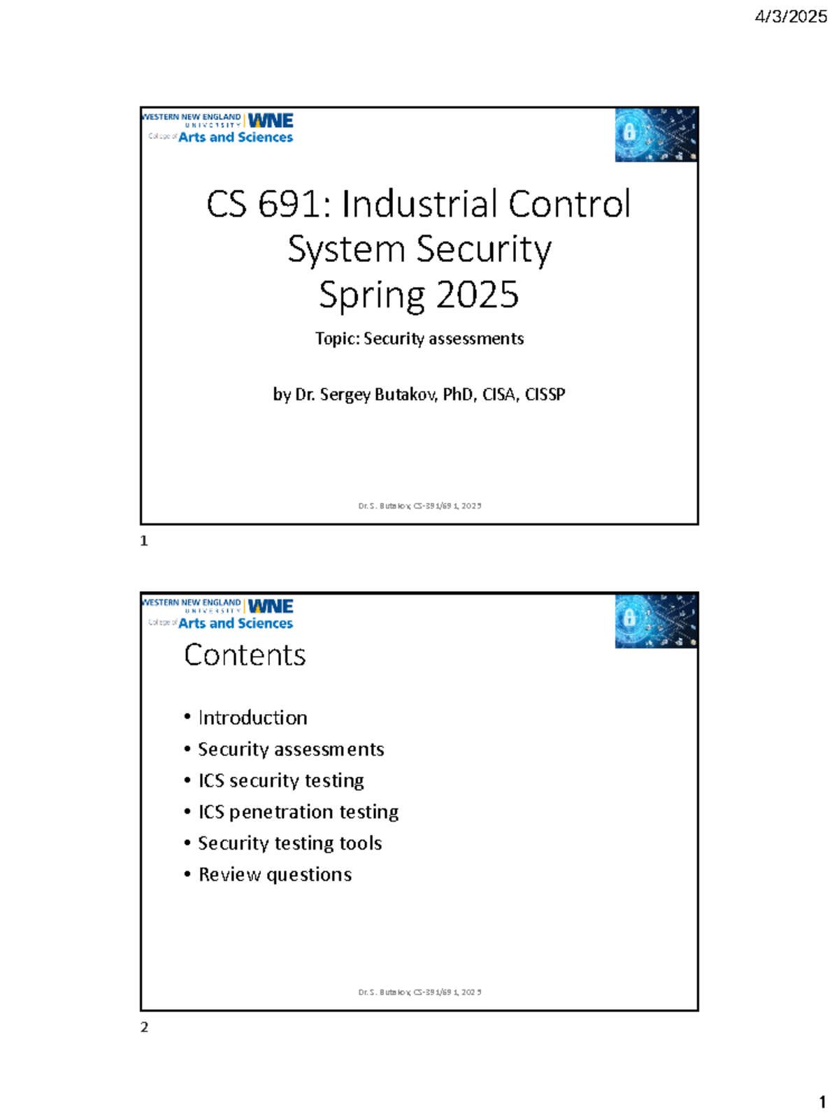 Security Assessments in Industrial Control System Security (CS-391/691 ...