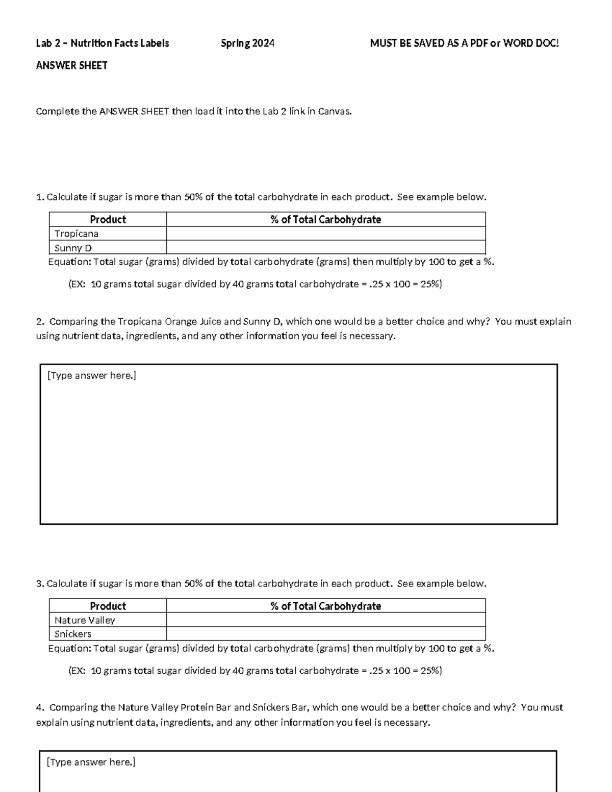 Lab 2 Nutrition Facts Analysis Worksheet - Spring 2024 - Studocu