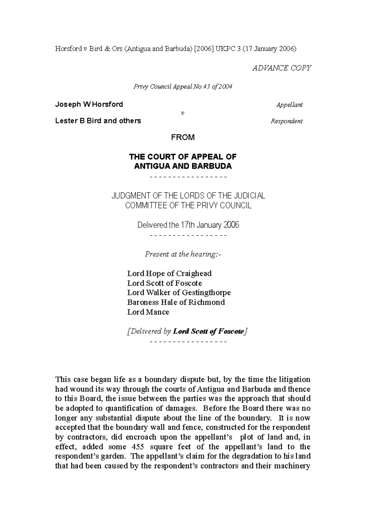 Horsford v Bird Ors (UKPC 3/2006): Boundary Dispute & Damages Analysis ...