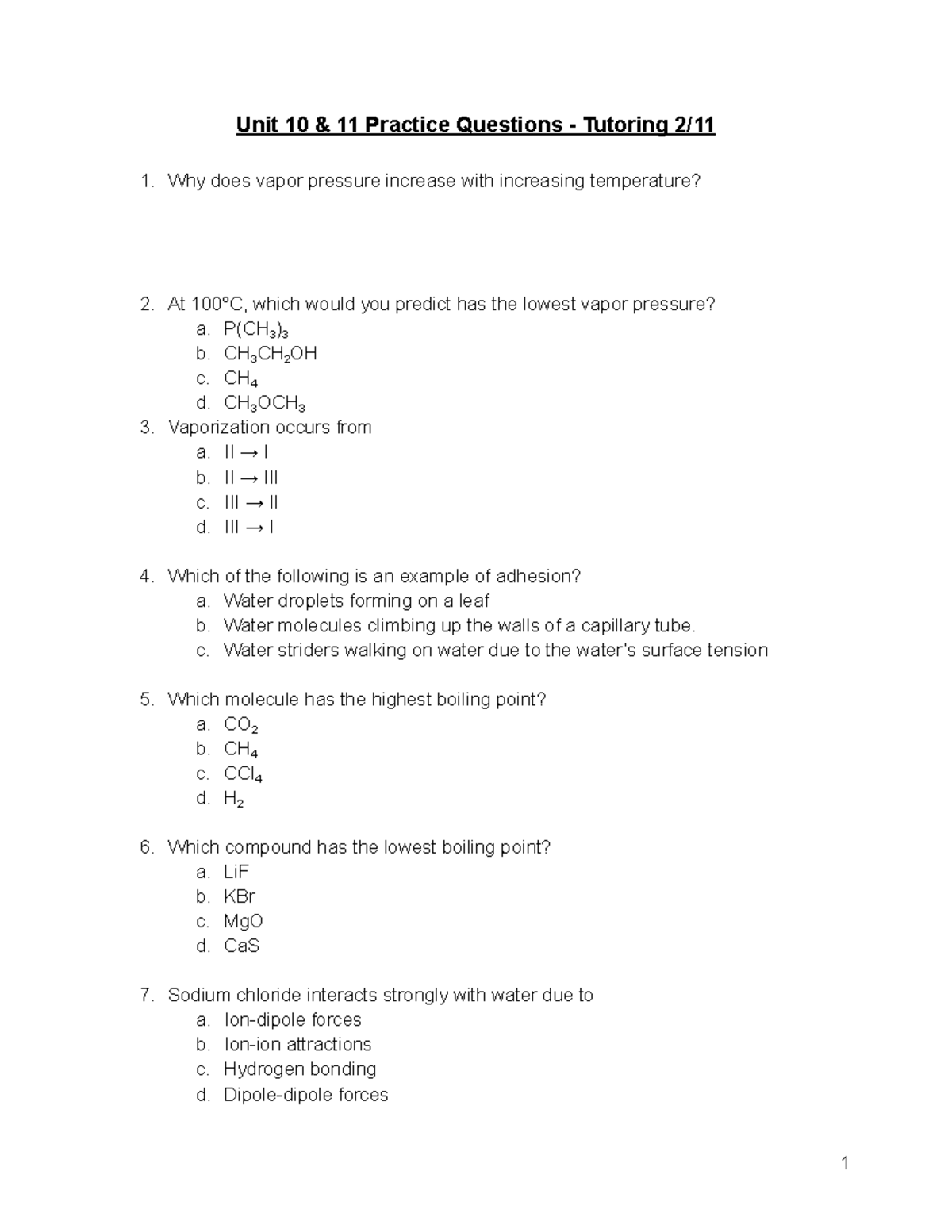 Unit 10 & 11 Practice Questions - Vapor Pressure & Unit Cells - Studocu