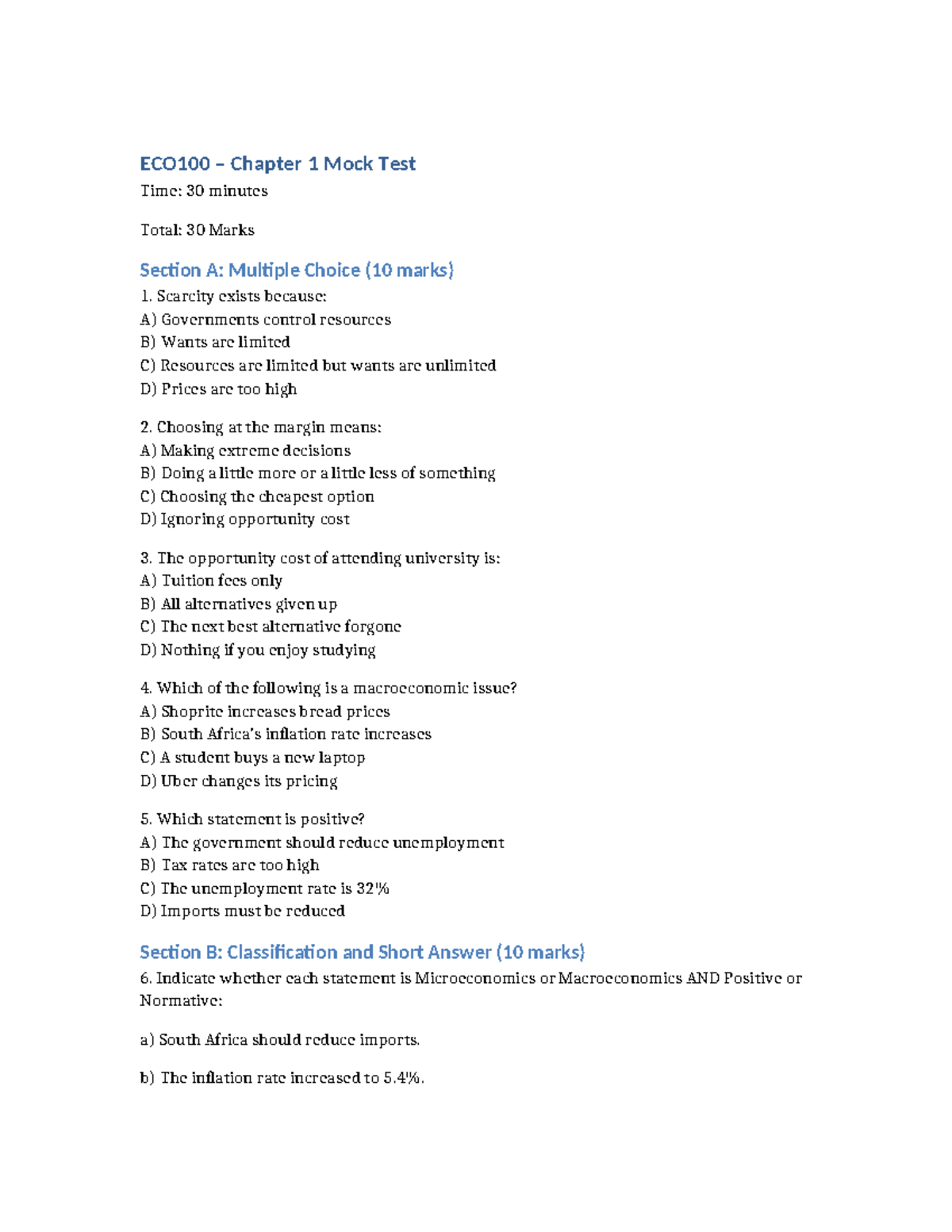 ECO100 Chapter 1 Mock Test: Key Concepts & Questions - Studocu