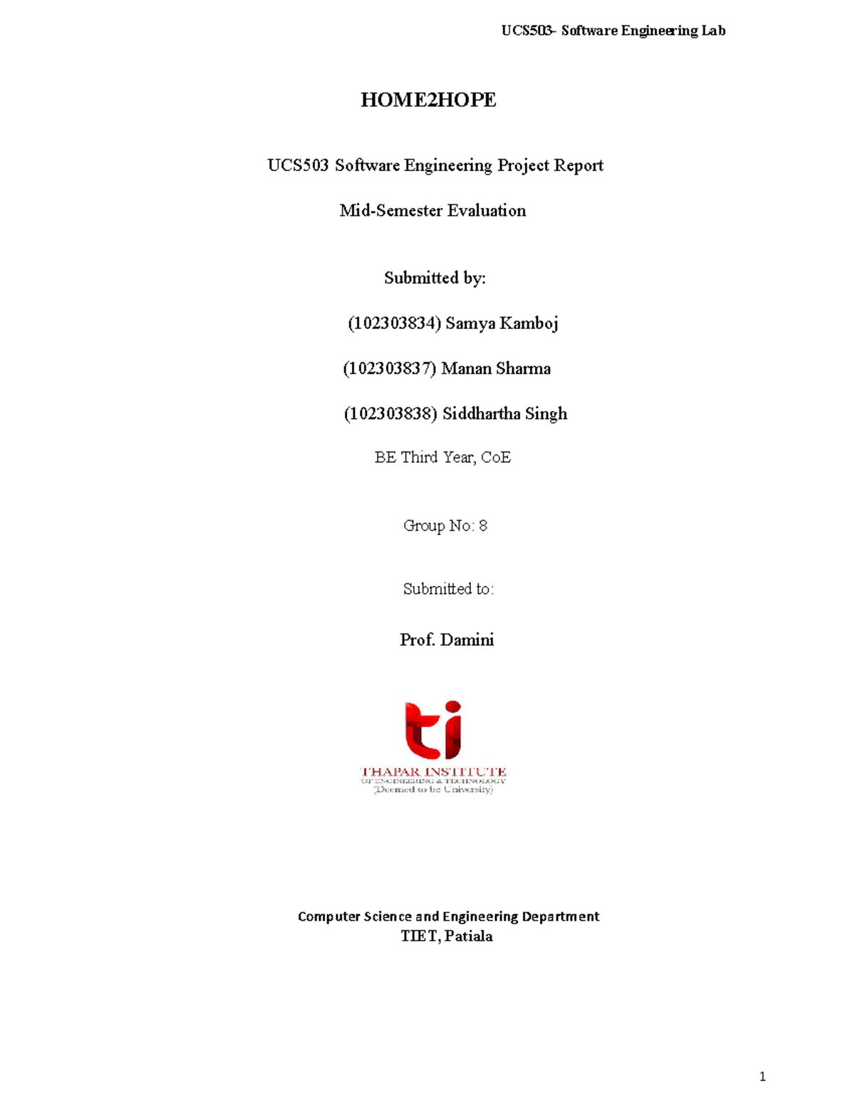 Home2Hope Project Report - SE Lab UCS503 Group 8 Evaluation - Studocu