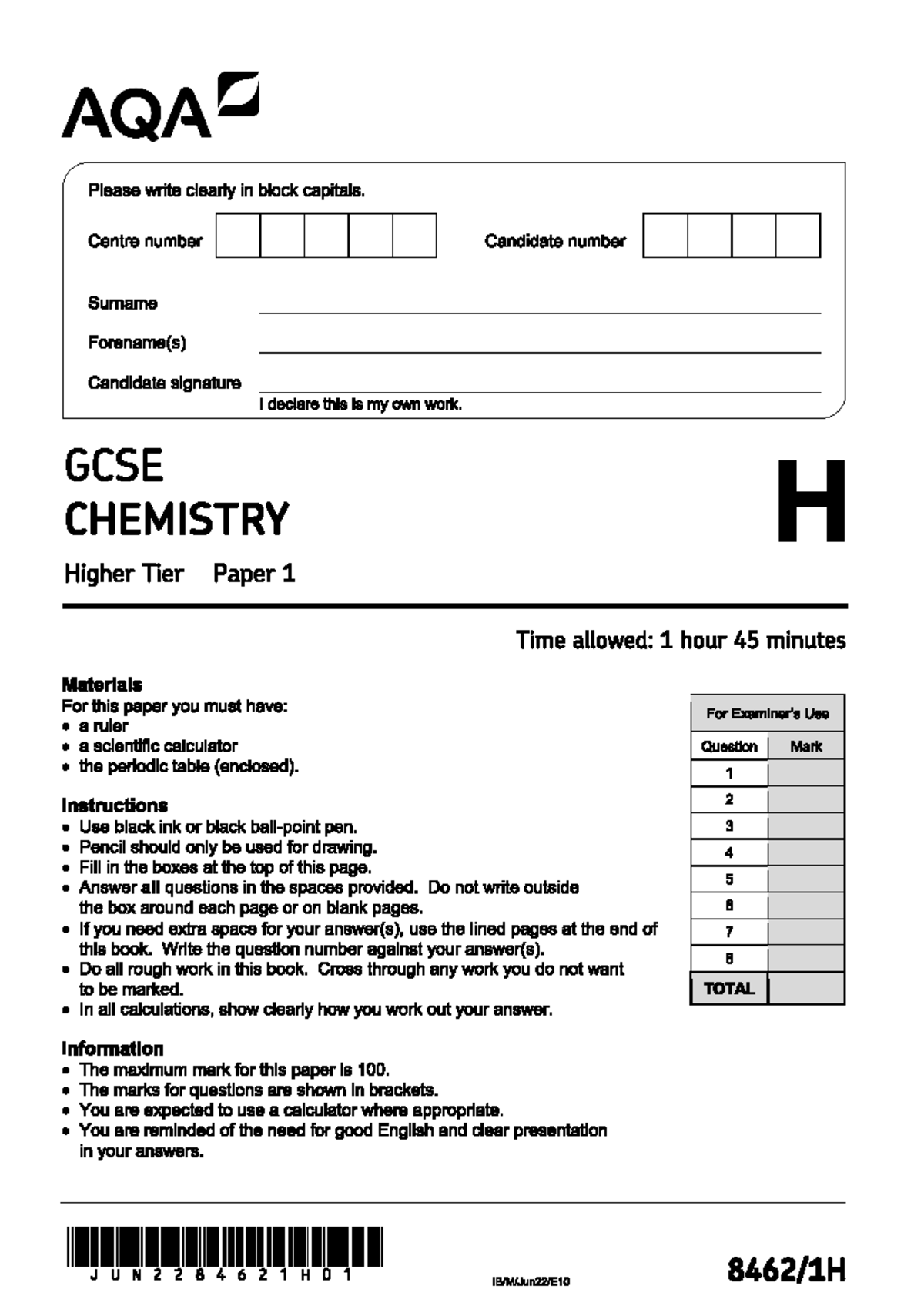 GCSE AQA Chemistry Paper 1 Past Exam Questions (2022) - Studocu