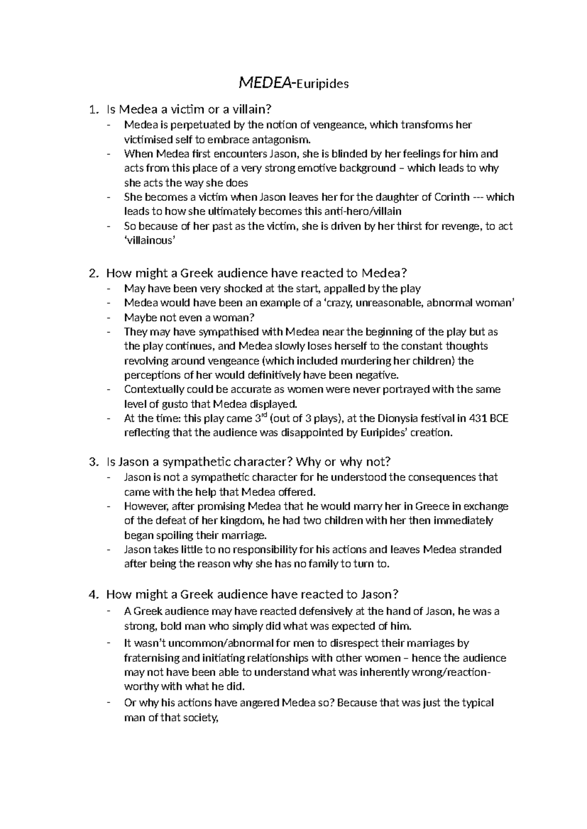 Medea Analysis Questions (ENG 201): Victim or Villain? - Studocu
