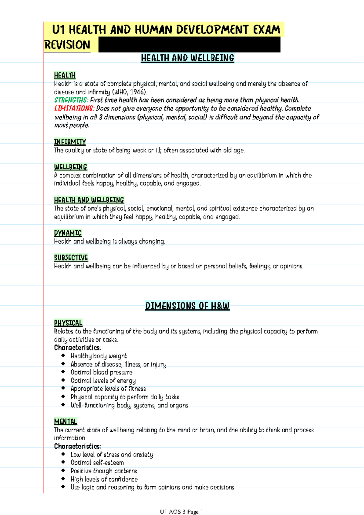 U1 AOS 3 Health and Wellbeing Exam Revision Notes - Studocu
