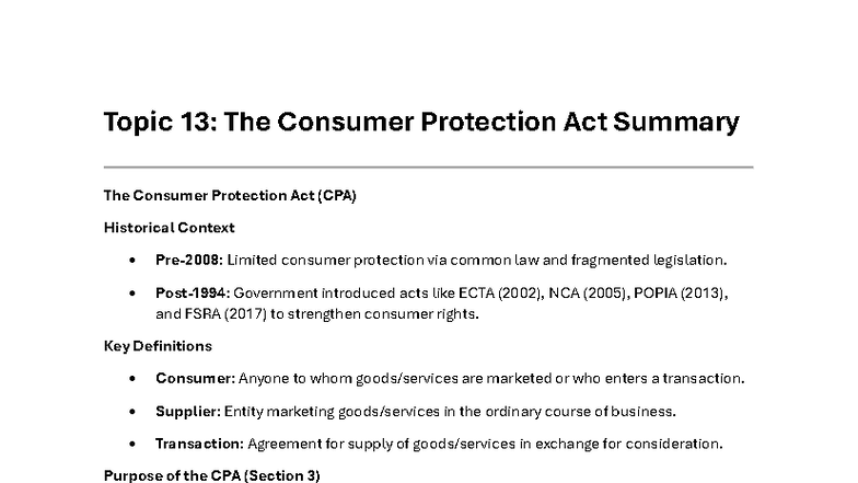 LAWS1000 Topic 13: Summary of the Consumer Protection Act - Studocu