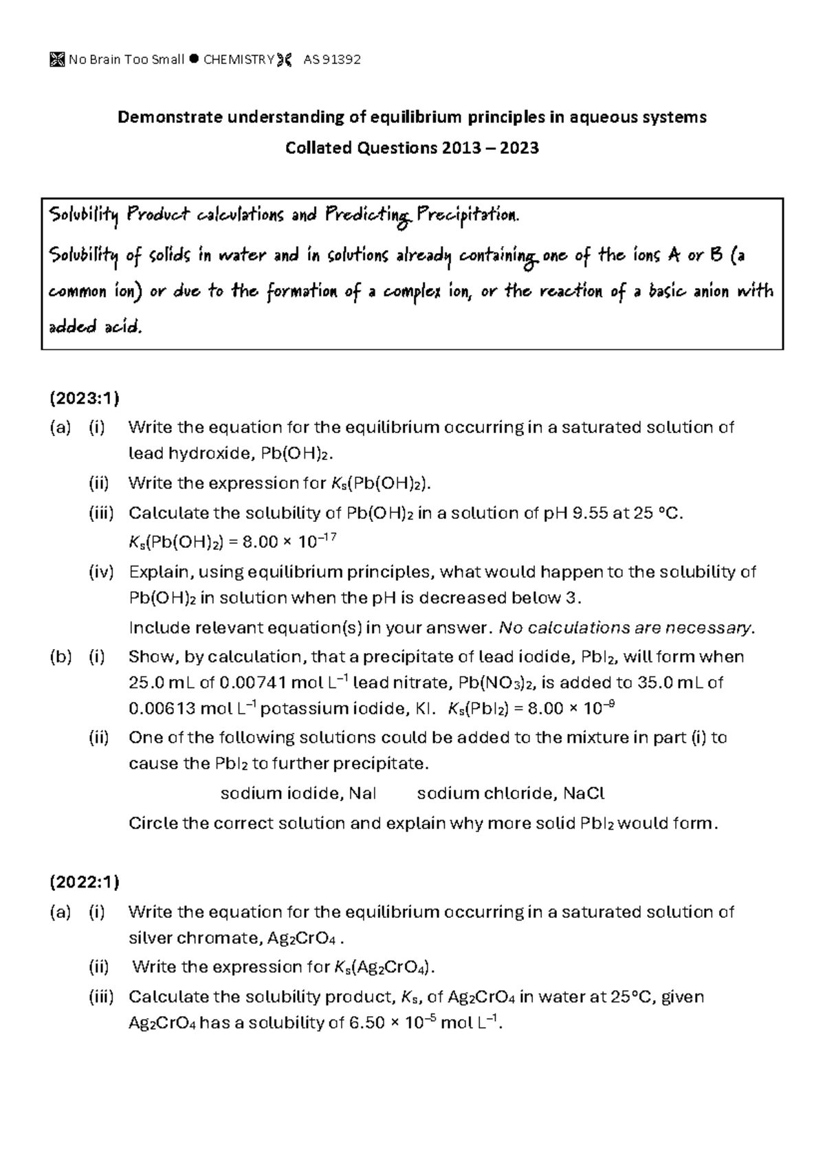 Solubility Product Questions - CHEMISTRY AS 91392 Exam Review - Studocu