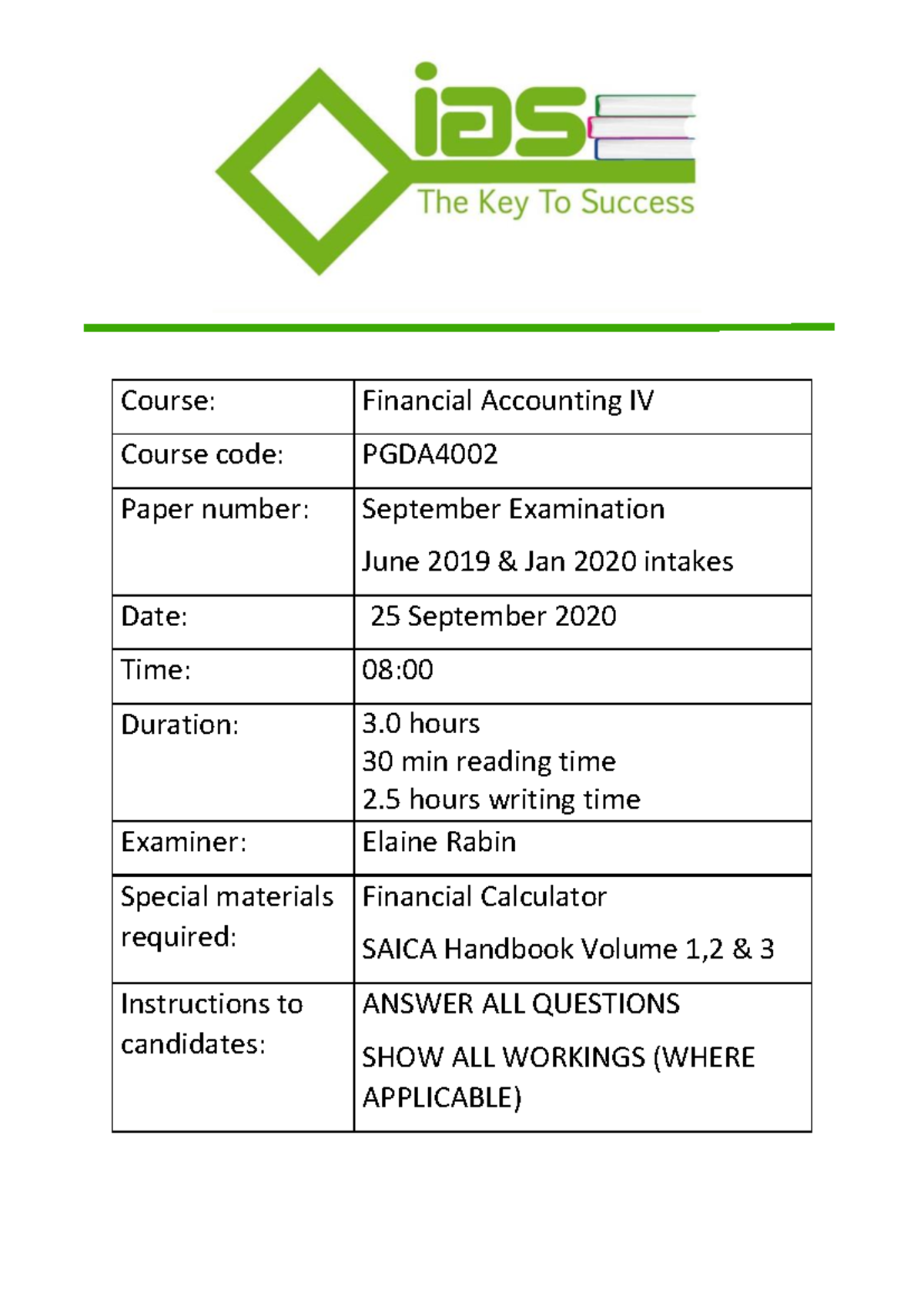 IAS PGDA4002 Financial Accounting IV September 2020 Exam Paper 1 - Studocu