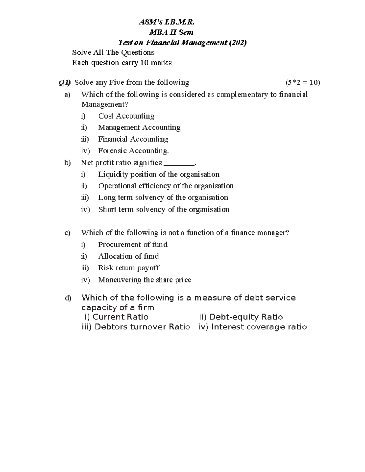 I.B.M.R. MBA II Sem Financial Management Test (202) - All Questions ...