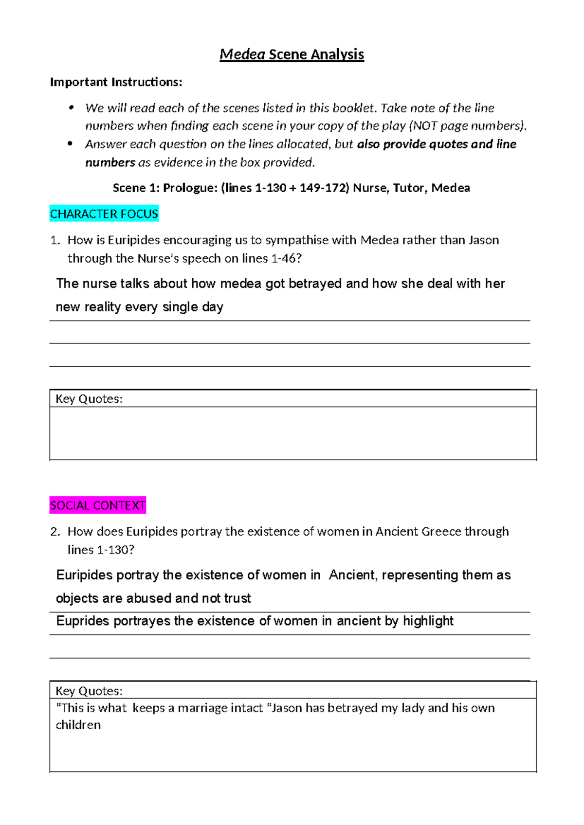 3. Medea - Key Scene Analysis Guide - Studocu