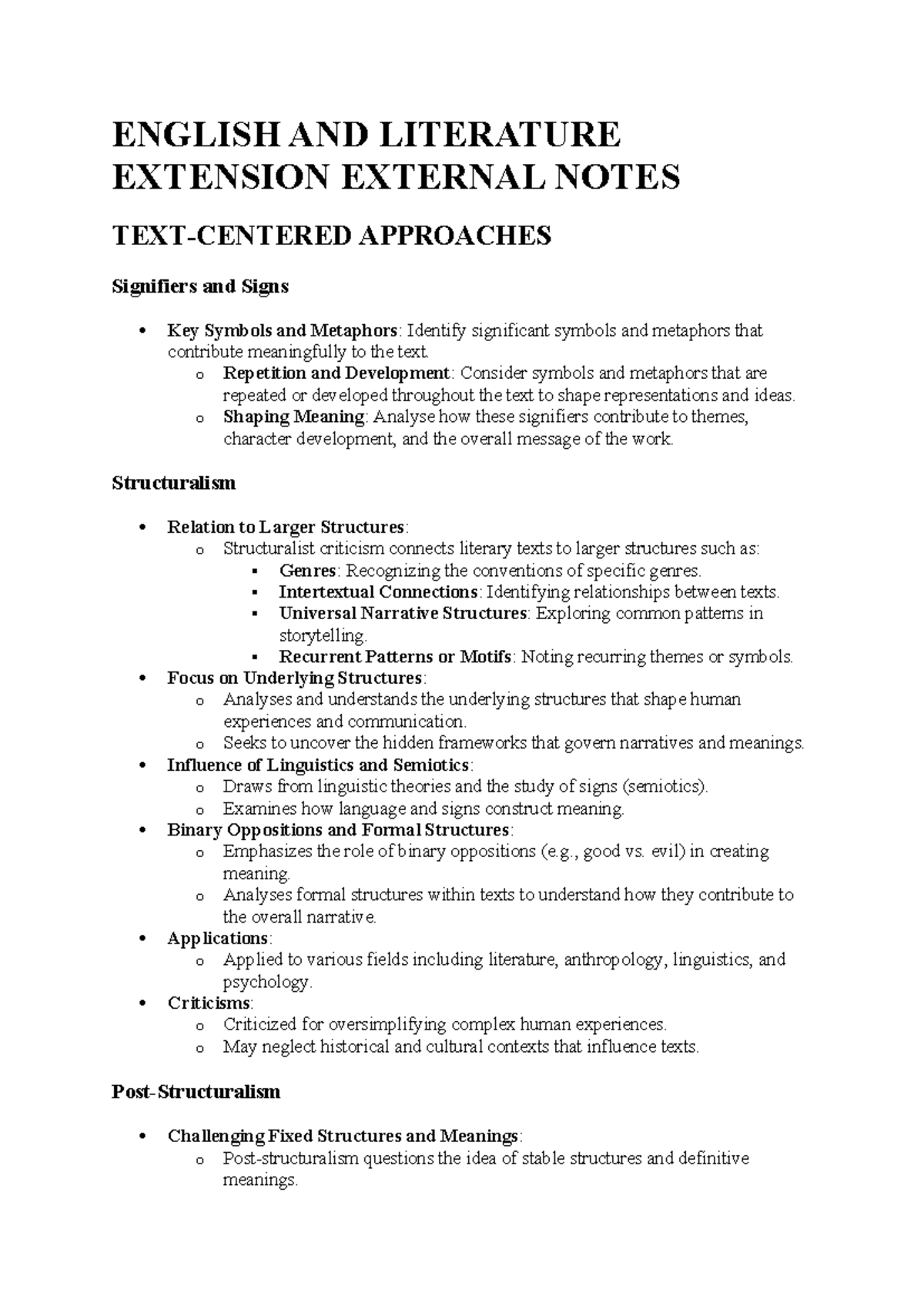 ENGLISH AND LITERATURE EXTENSION: Key Approaches and Analyses Notes ...