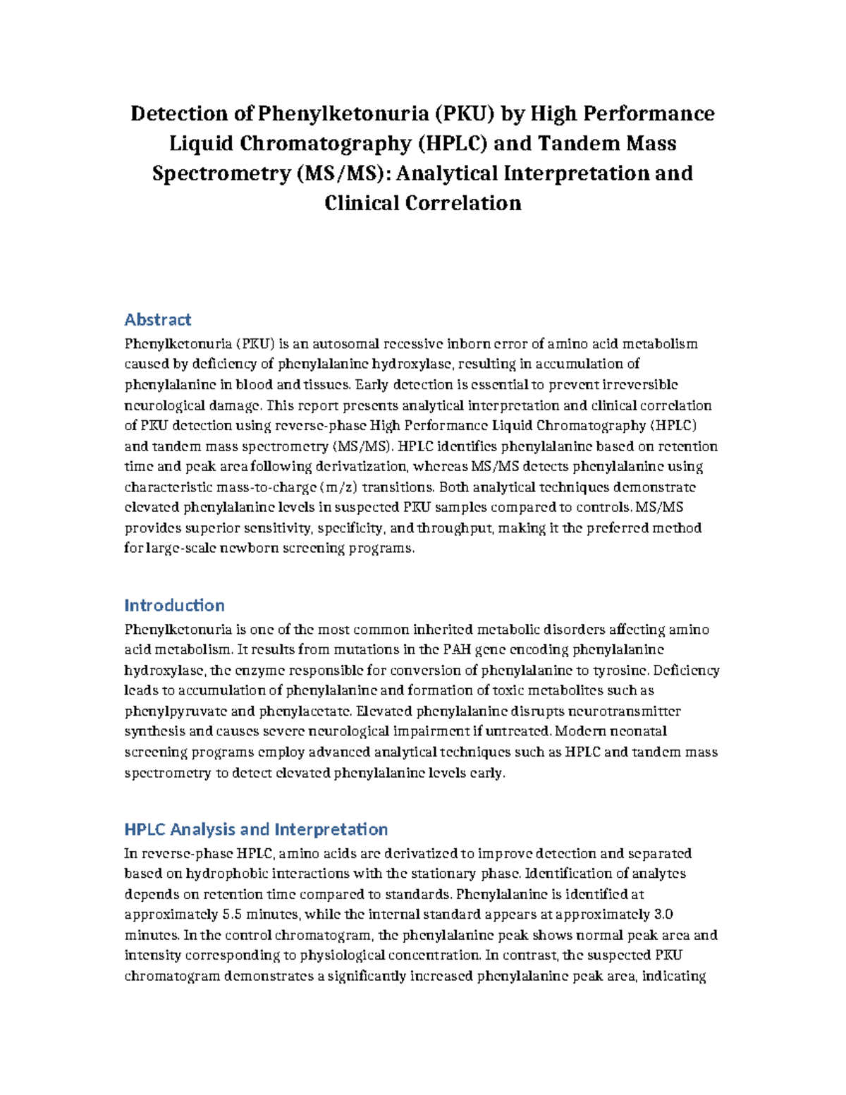 PKU Detection Report: HPLC & Tandem Mass Spectrometry Analysis - Studocu