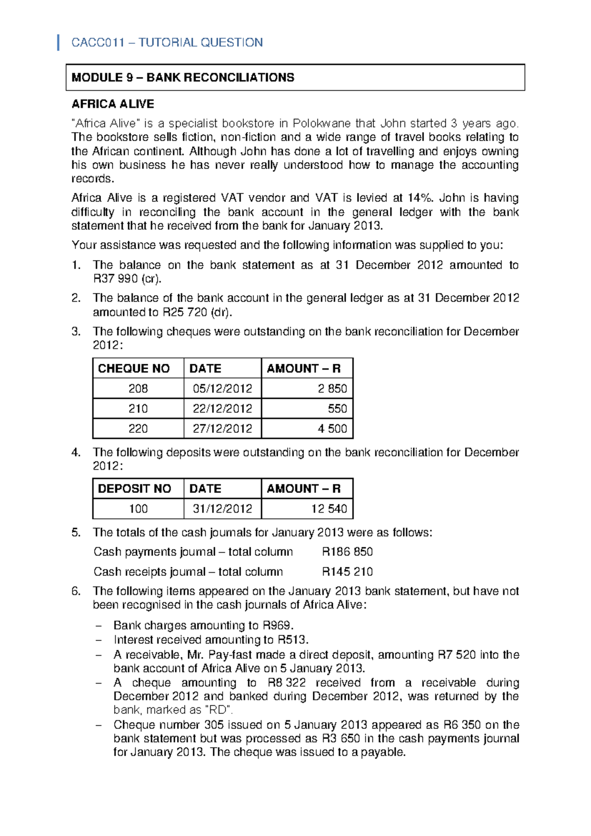 CACC011 TUTORIAL QUESTION MODULE 9: BANK RECONCILIATIONS ANALYSIS - Studocu