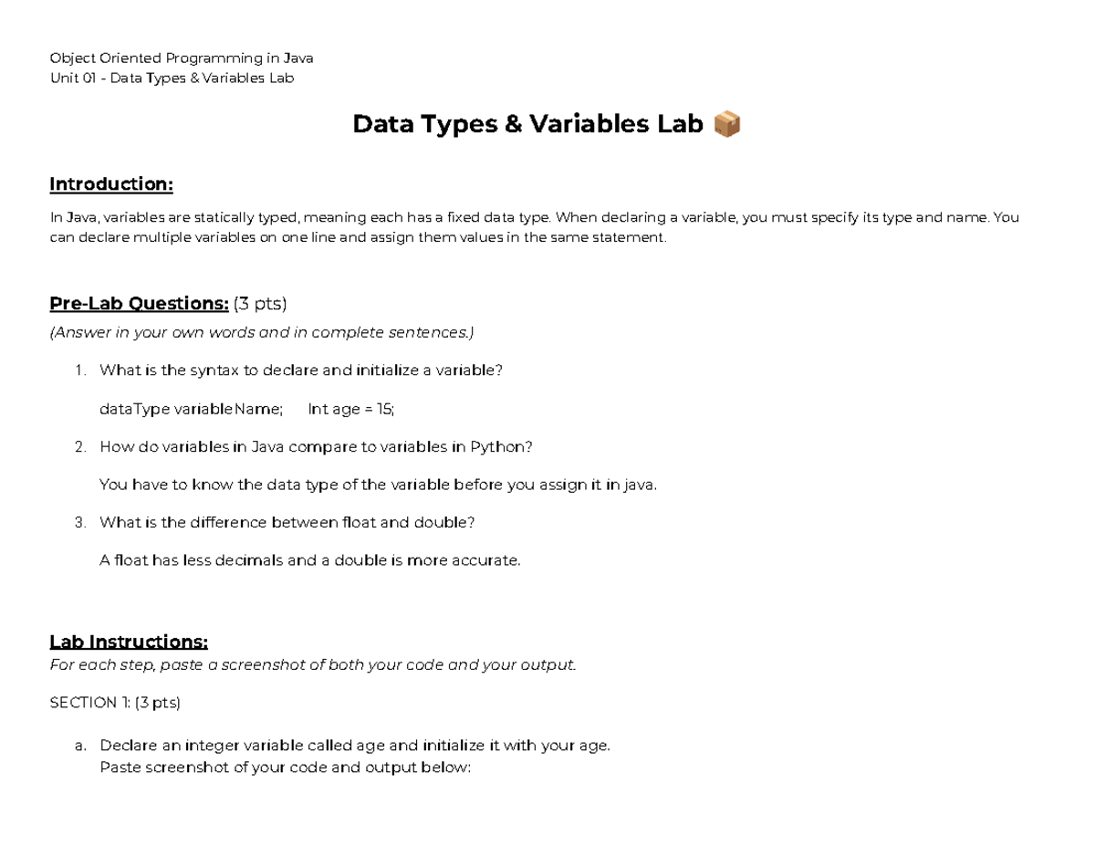 Object Oriented Programming in Java - Unit 01: Data Types & Variables ...