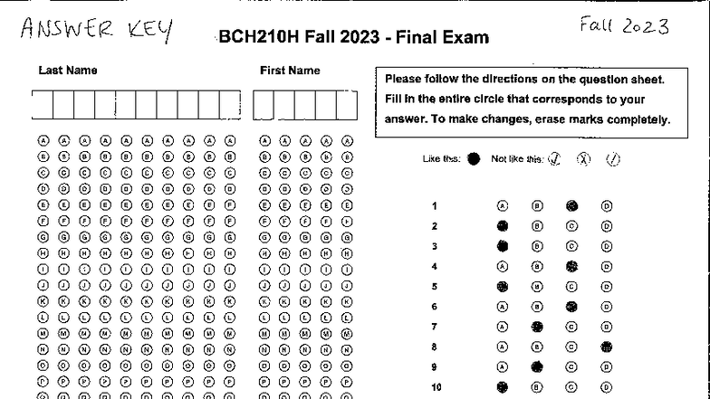 BCH210H Fall 2023 Final Exam Answer Key - Studocu