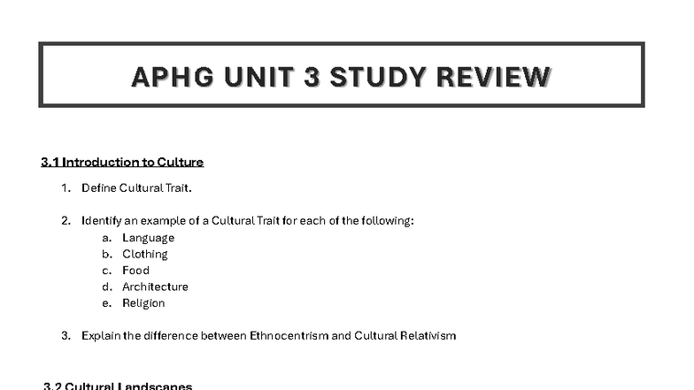 APHG Unit 3 Study Review: Culture, Landscapes, and Patterns - Studocu