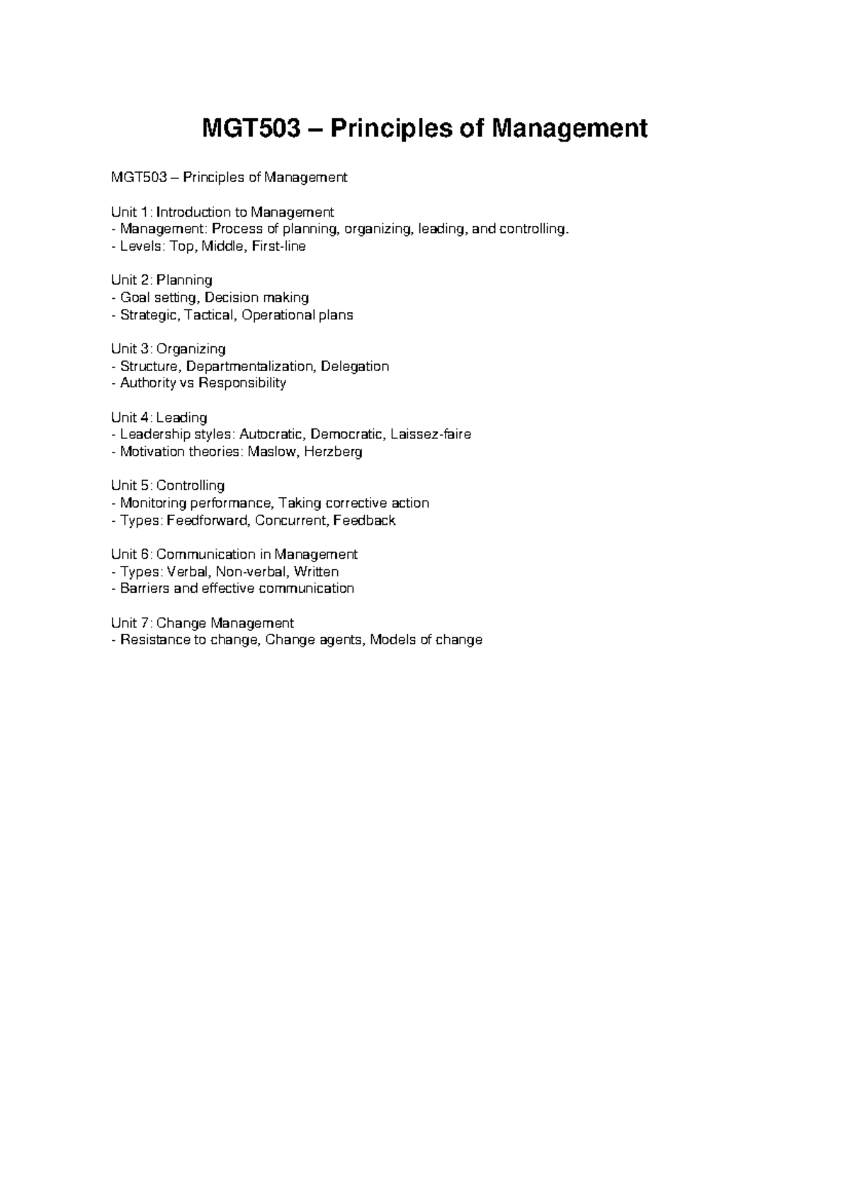 MGT503 Notes - This will be perfect - MGT503 – Principles of Management ...