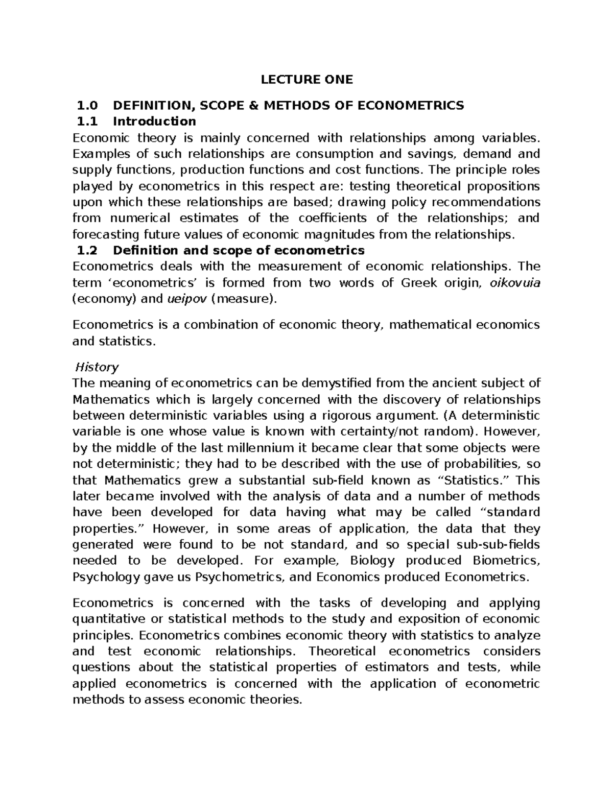 **ECN 101: Introduction to Econometrics - Lecture Notes** - Studocu