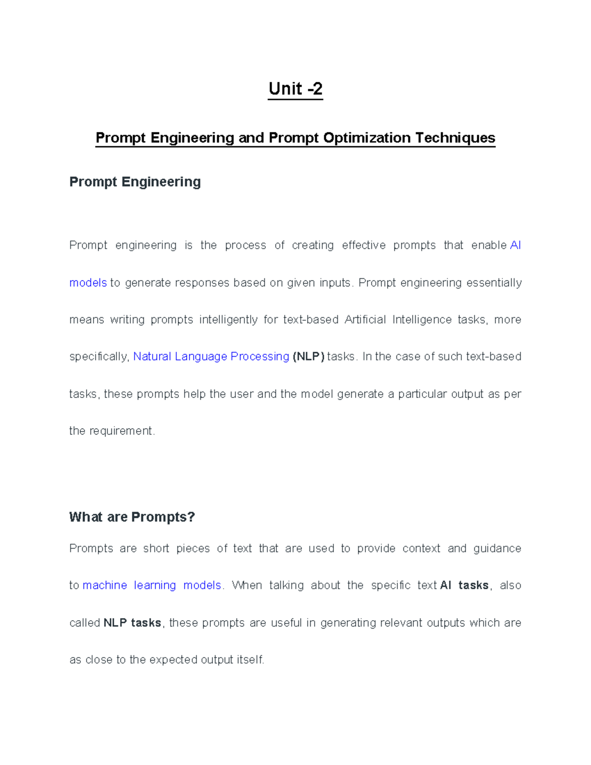 Unit 2-1: Prompt Engineering & Optimization Techniques - Studocu