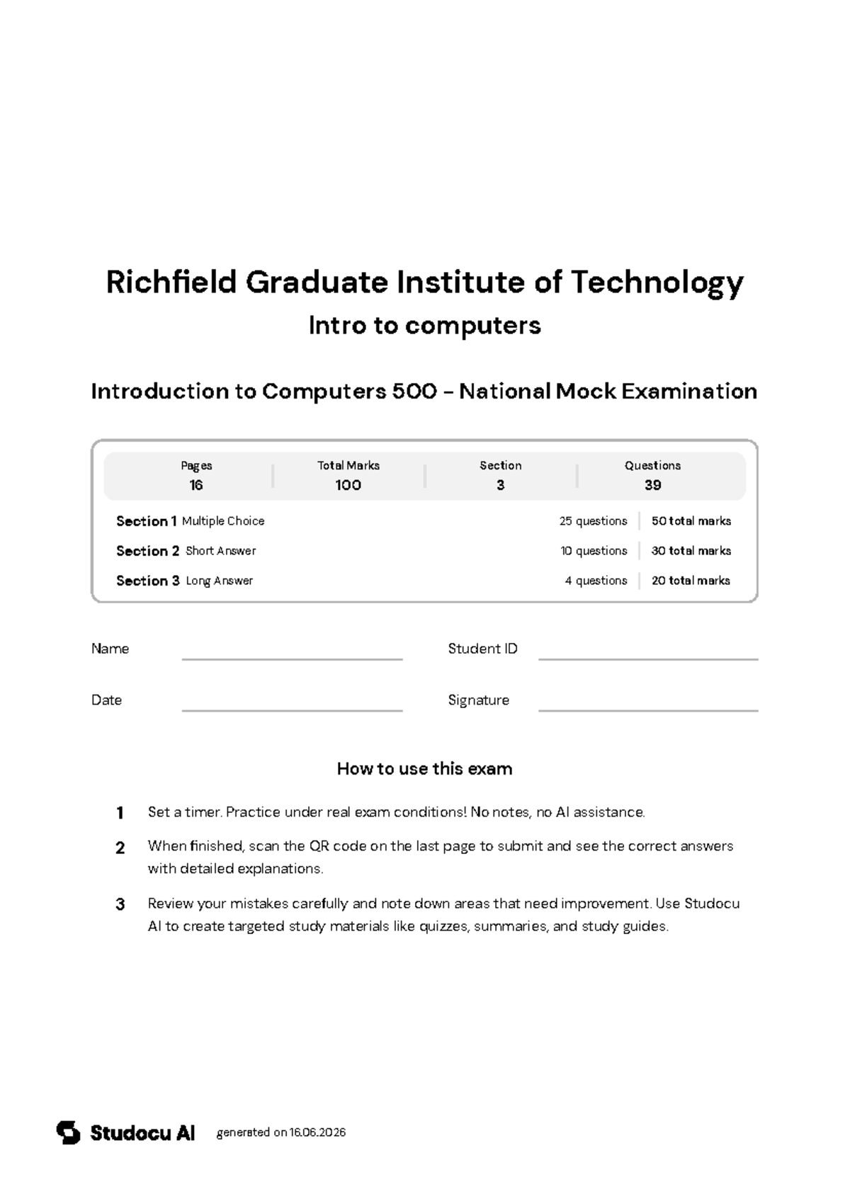 Introduction to Computers 500 - National Mock Exam - Studocu