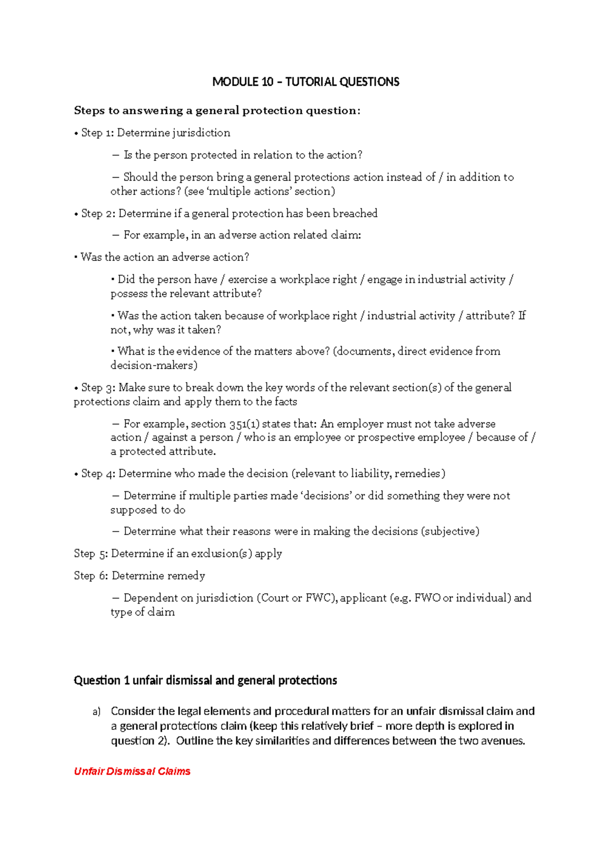Module 10 Tutorial Questions: General Protections Claims Analysis - Studocu