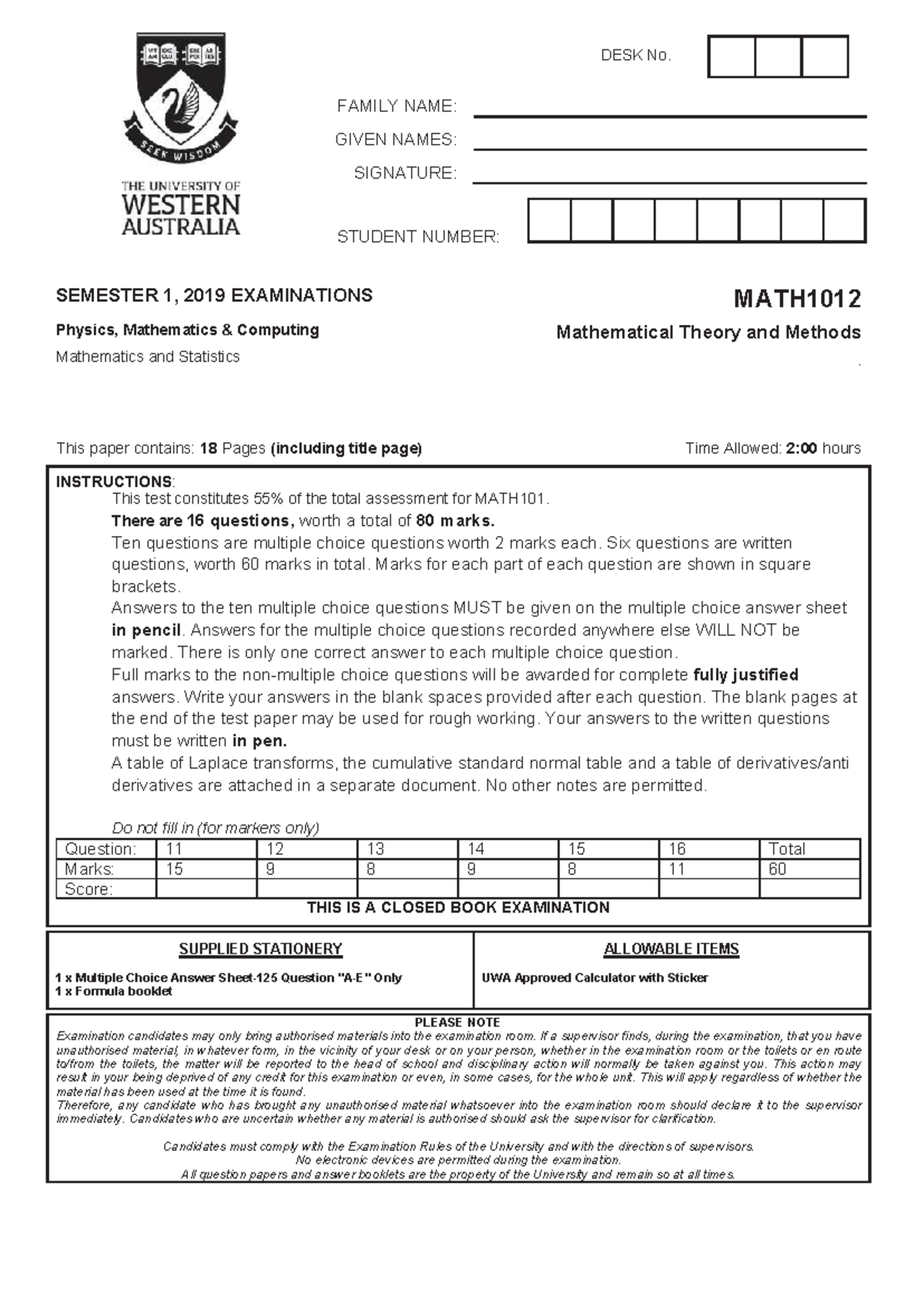 MATH1012 SEM 1 2019 FINAL EXAMINATION PAPER - Studocu