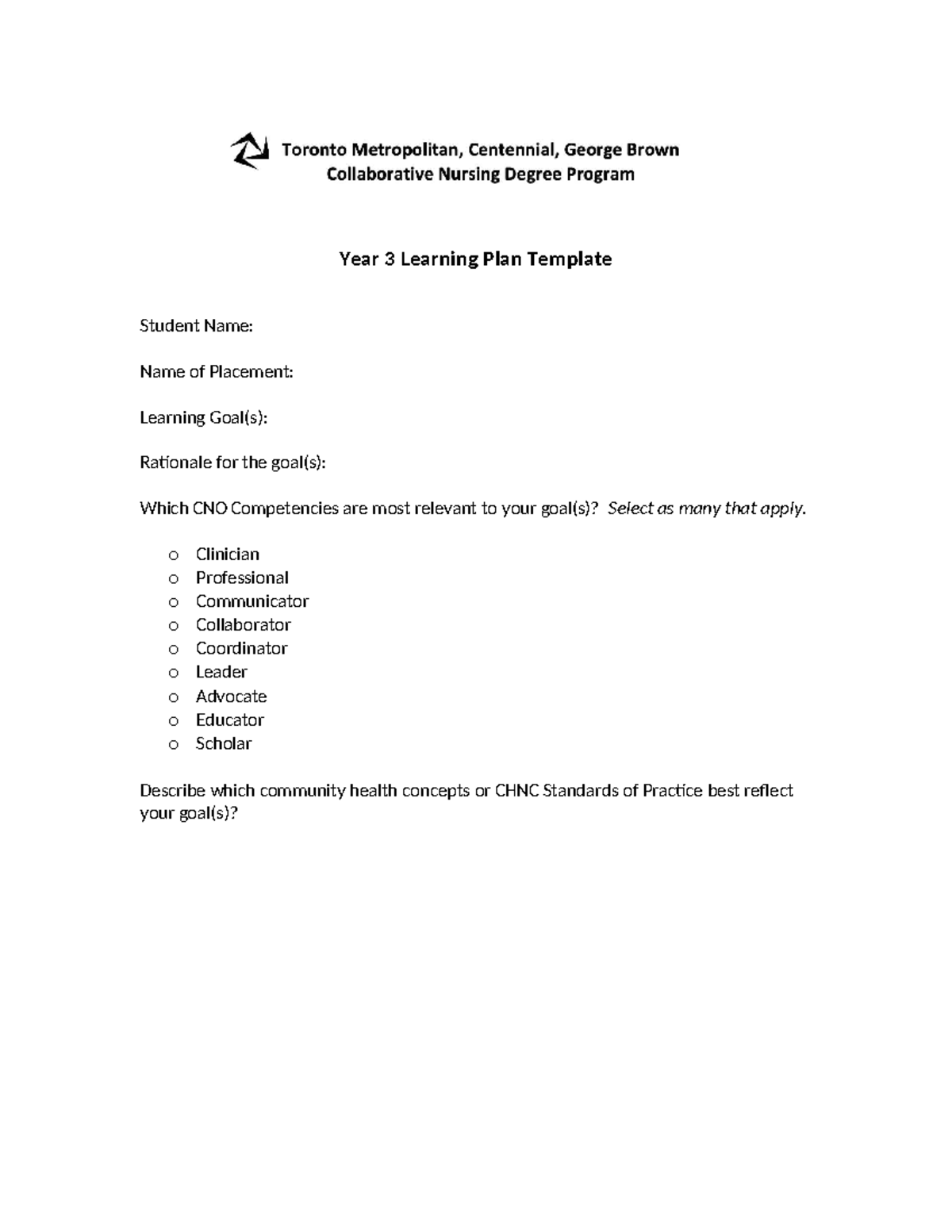 Year 3 Learning Plan Template: Goals & CNO Competencies - Studocu