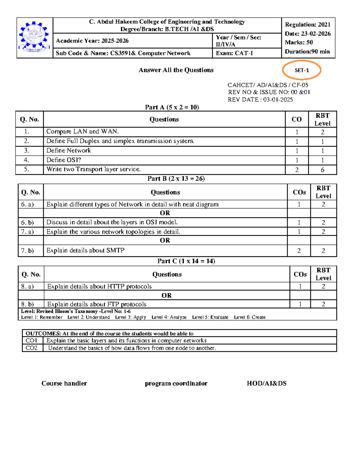 CAT 1 Question Set: Computer Networks (B.TECH) - Studocu
