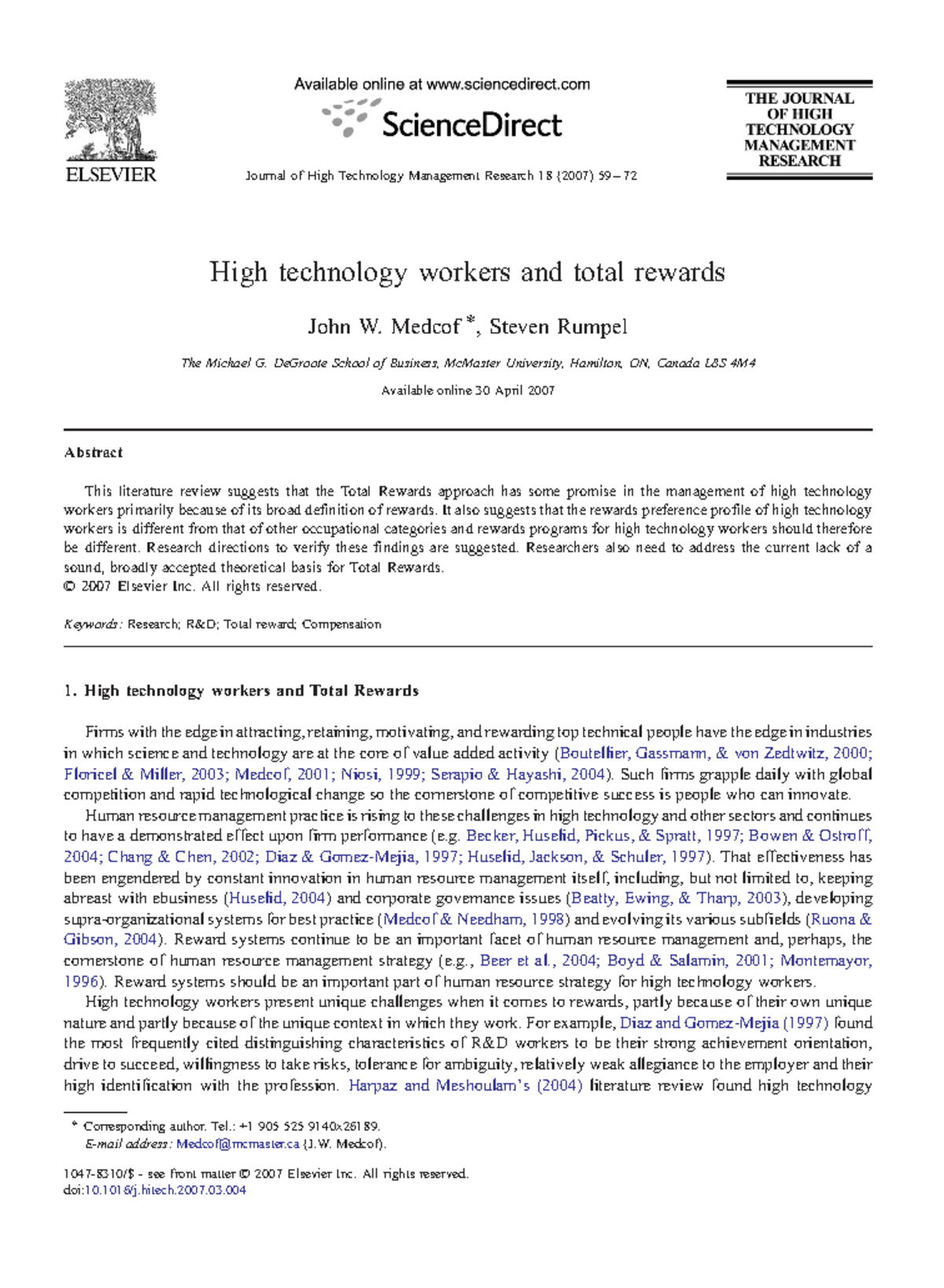 Total Rewards for High Technology Workers: A Literature Review (JHTMR ...