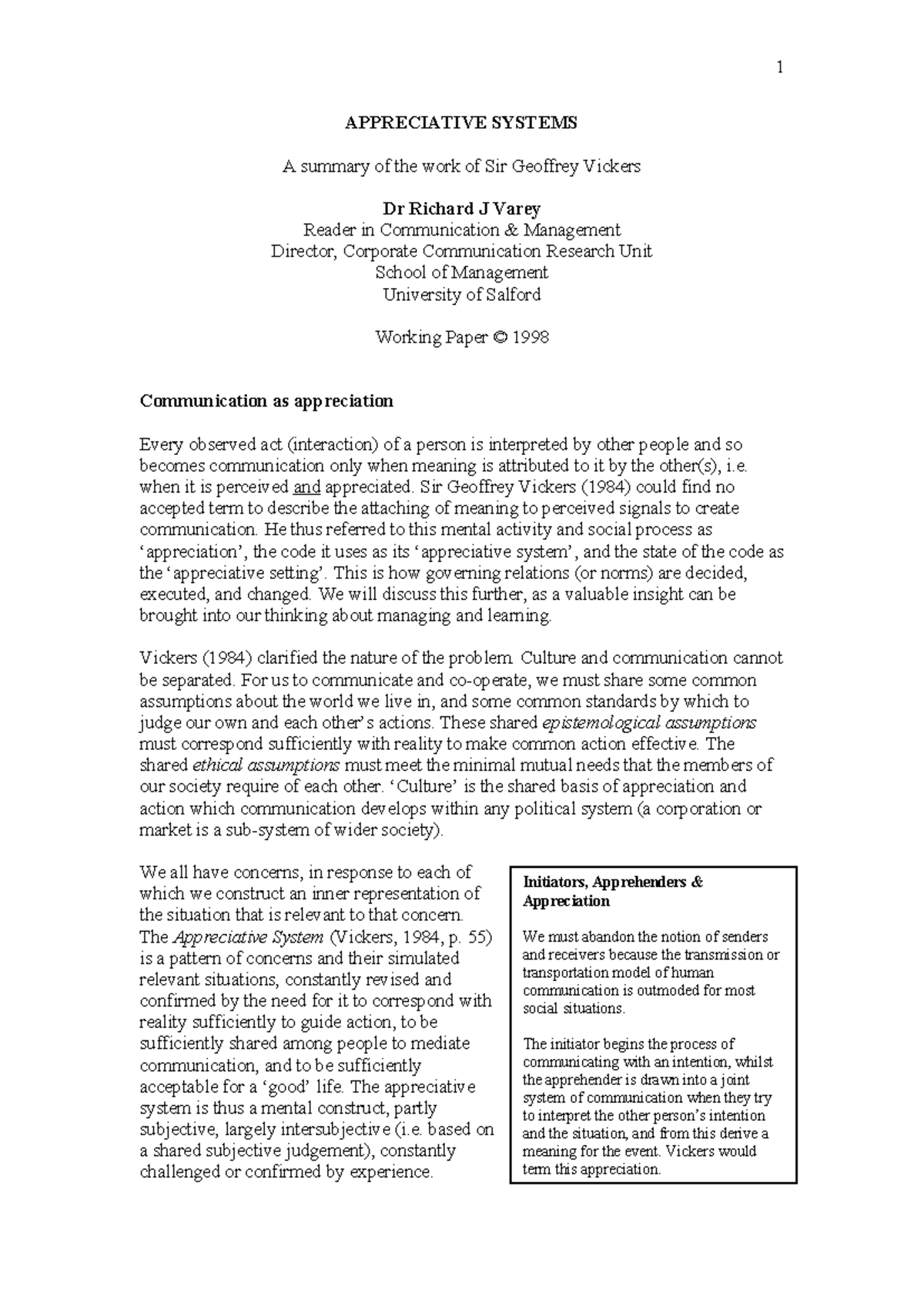 Appreciative Systems: Decision Making Insights from Vickers' Work - Studocu
