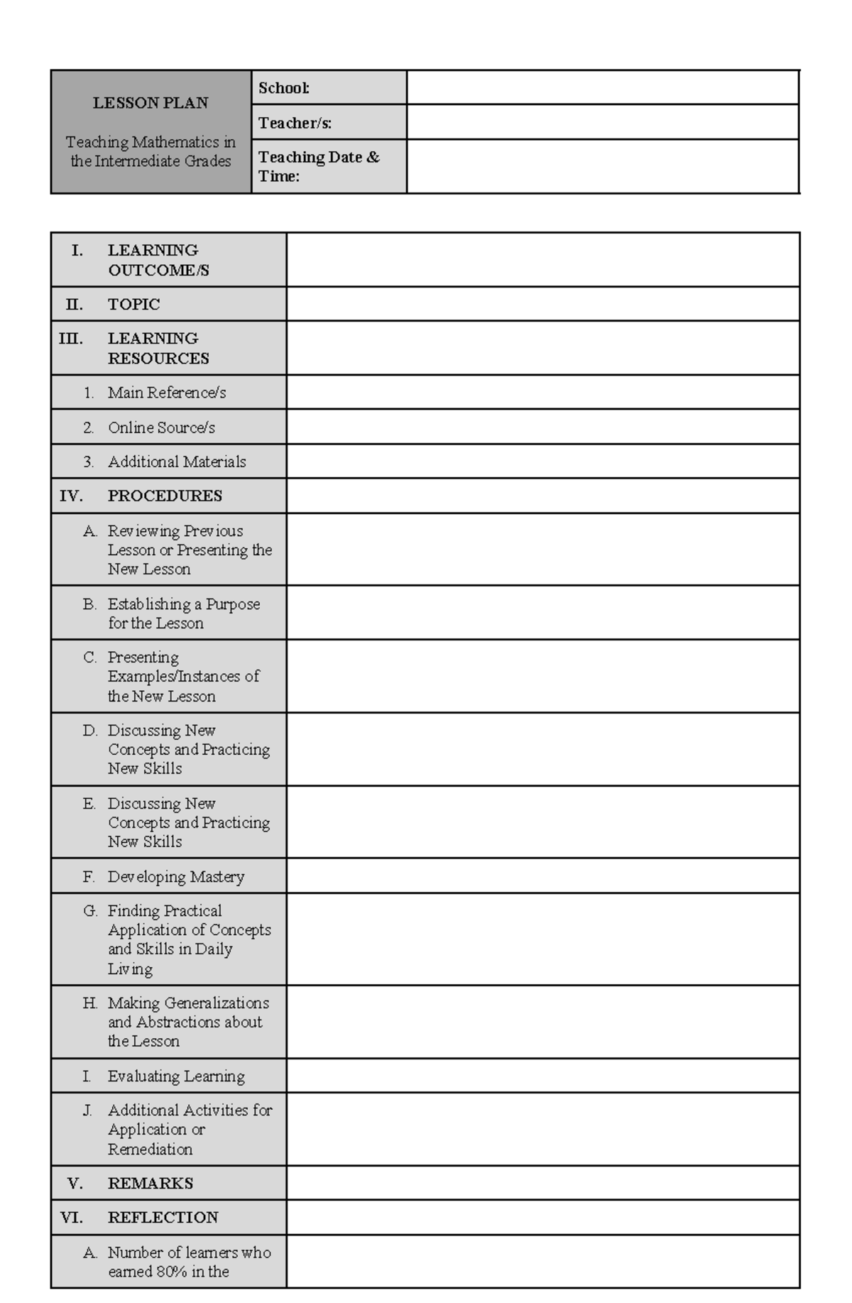 MATH 203: Intermediate Grades Lesson Plan Format Guide - Studocu