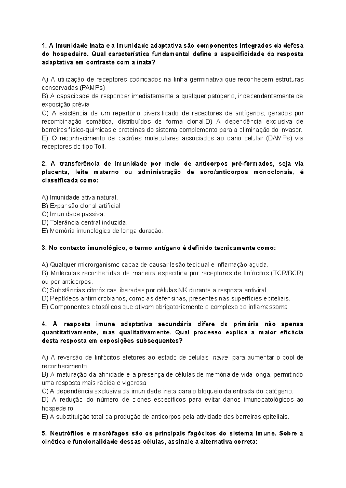 Prova de Imunologia Básica (IMUN101): Funções e Distúrbios do Sistema ...