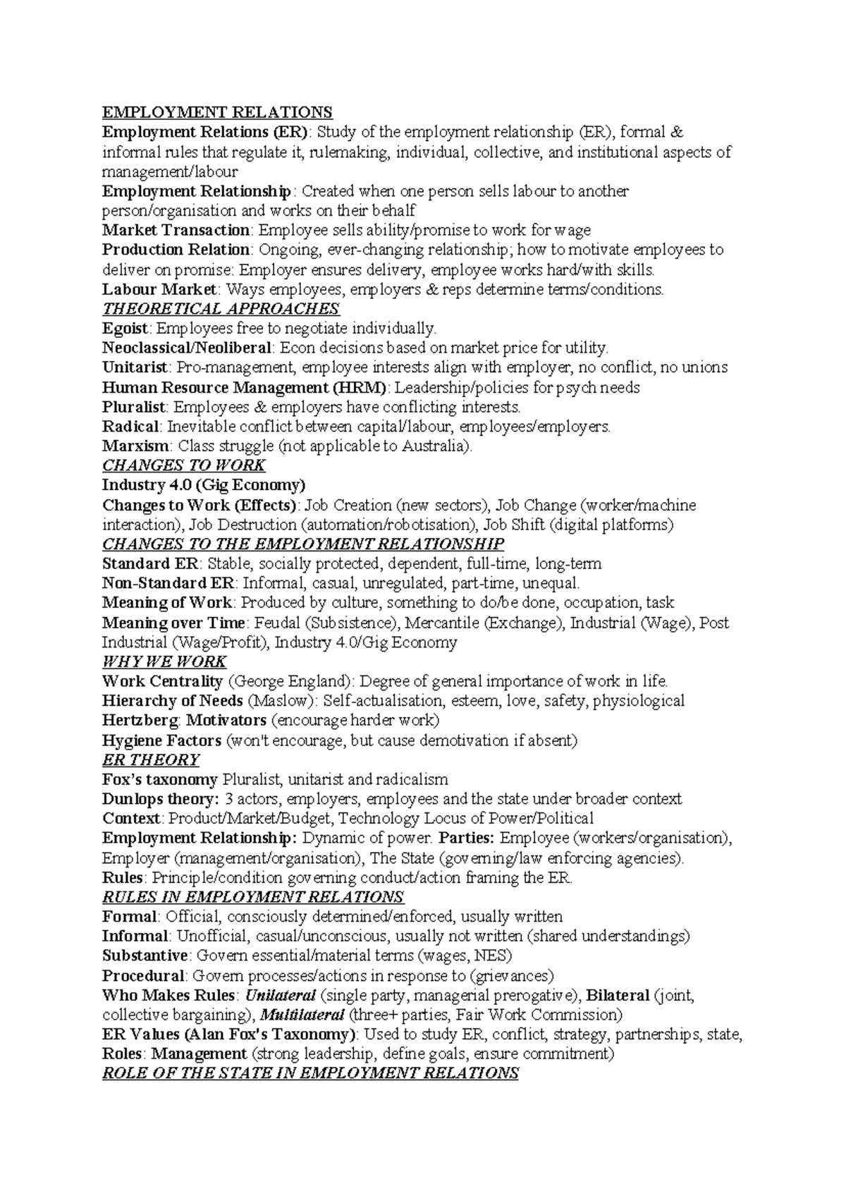 EMPL1101 Final Exam Notes on Employment Relations and Theories - Studocu
