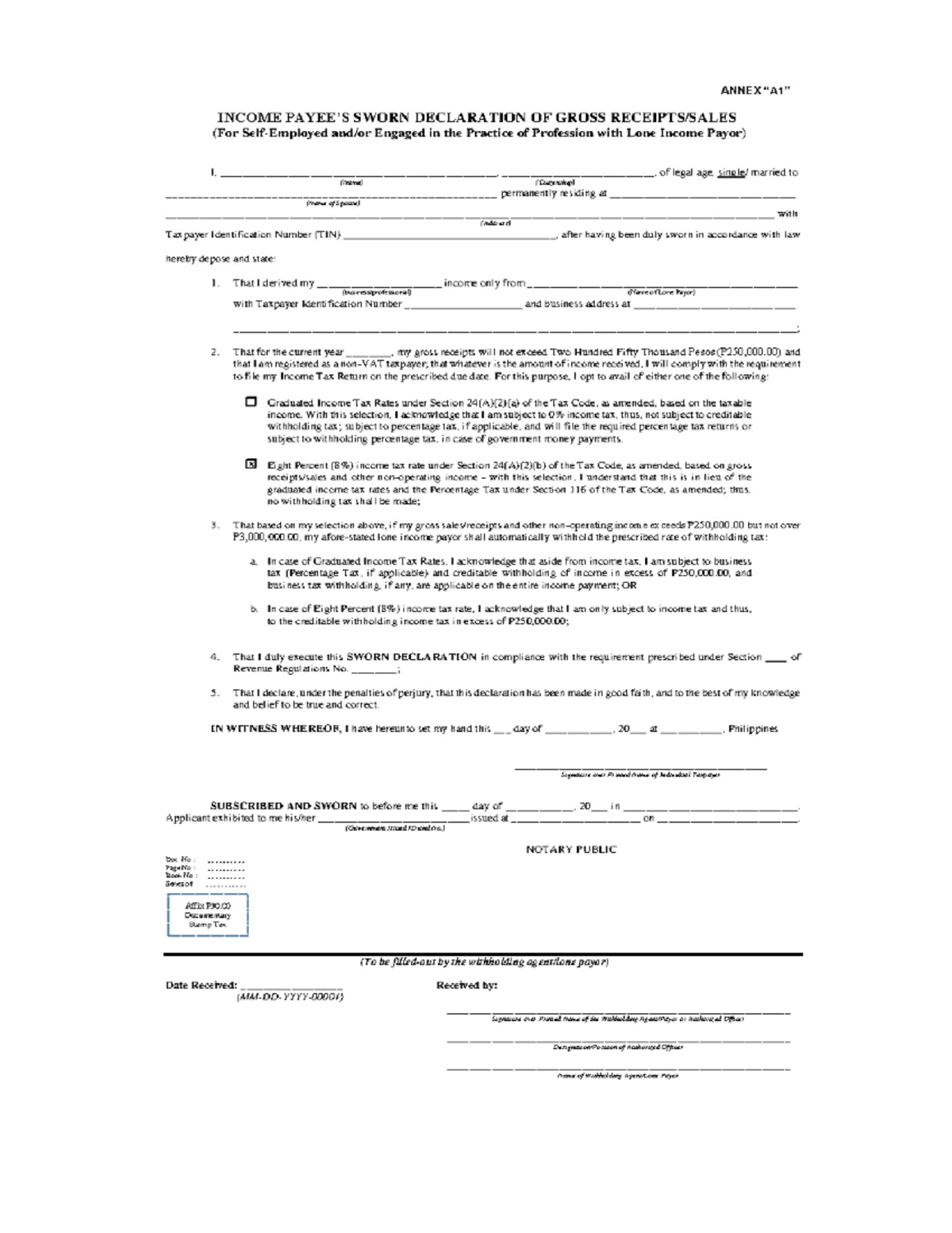 Annex A1 BIR: Sworn Declaration of Gross Income for Tax Purposes - Studocu