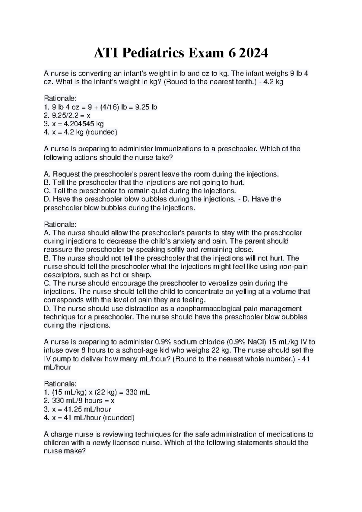ATI Pediatrics Exam 6: Weight Conversion & Medication Administration ...