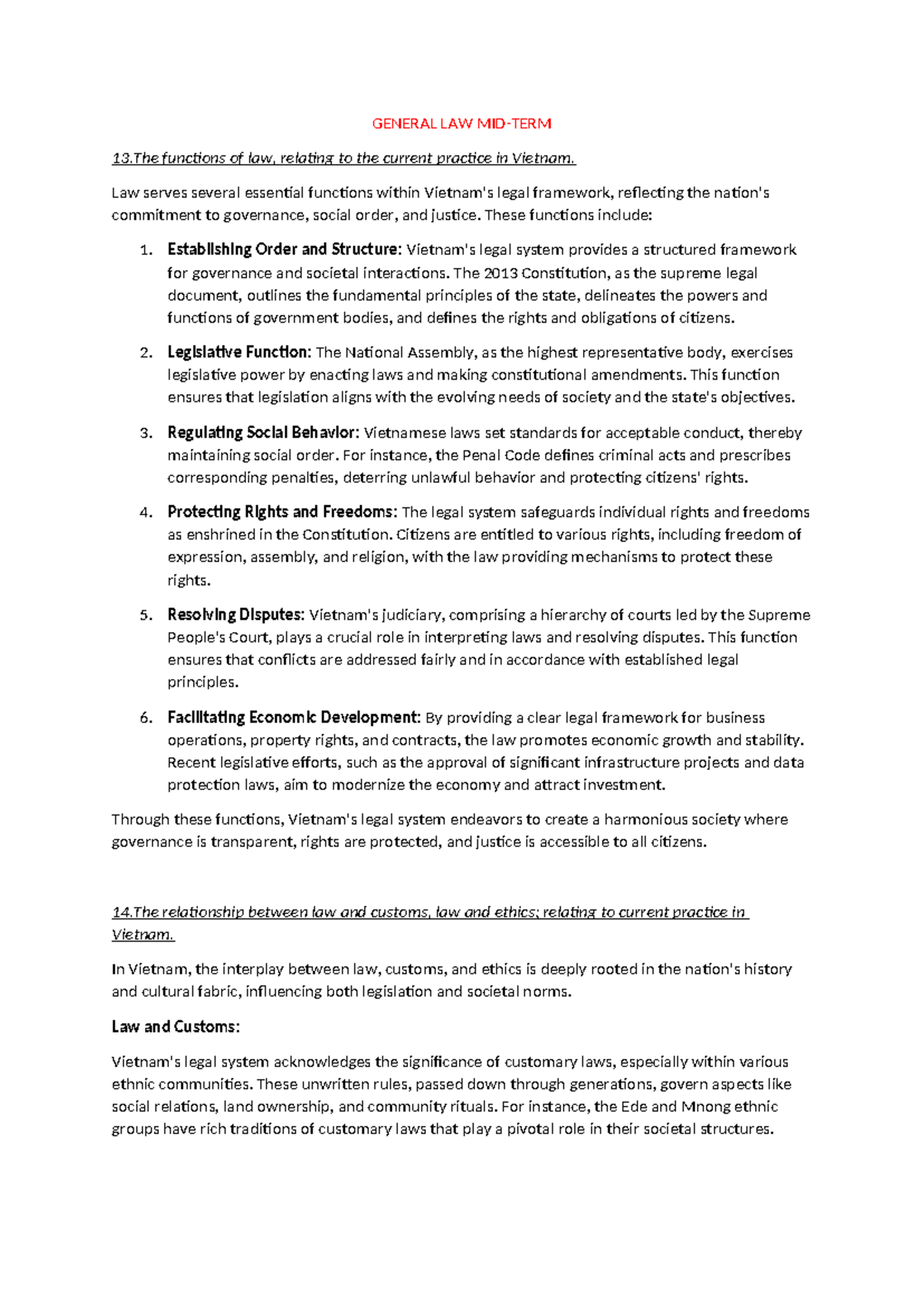 General law câu 13-16 - Lecture note - GENERAL LAW MID-TERM 13 ...