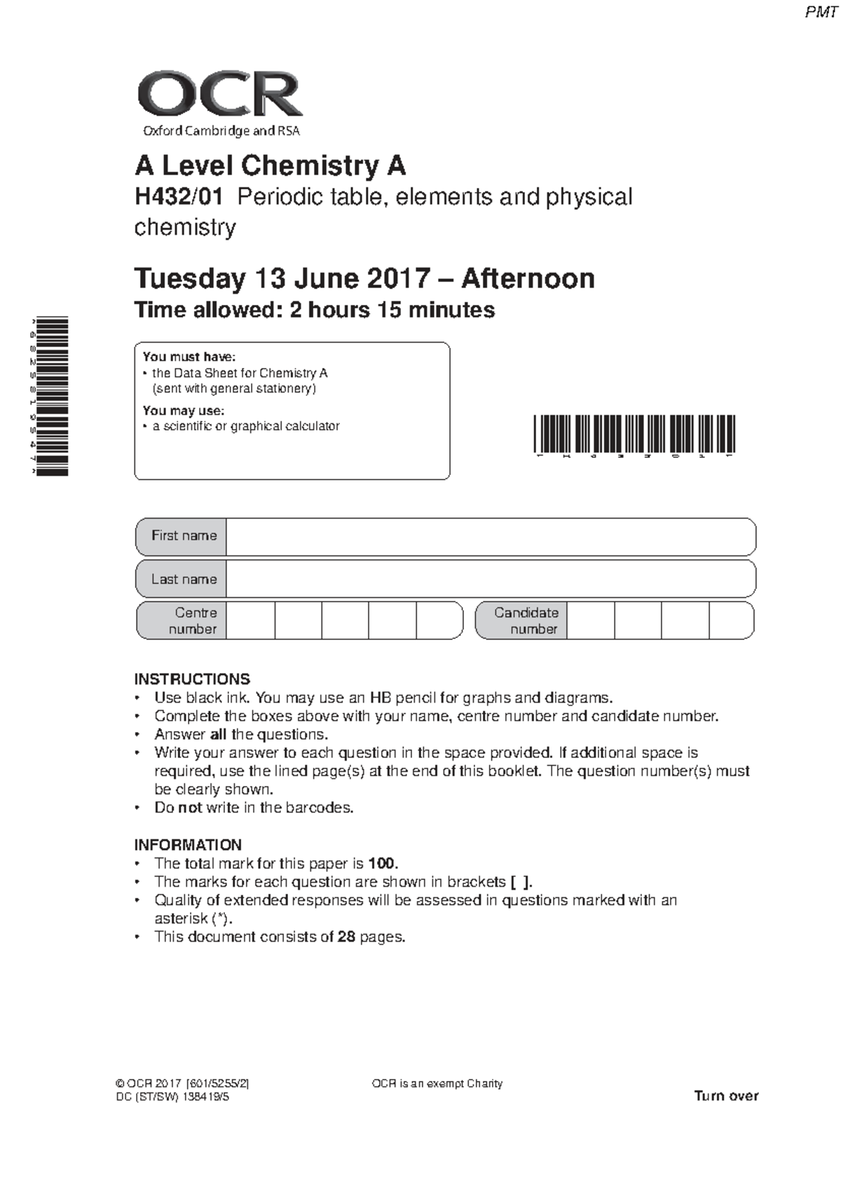 June 2017 A Level Chemistry A Exam Paper - Periodic Table & Physical ...
