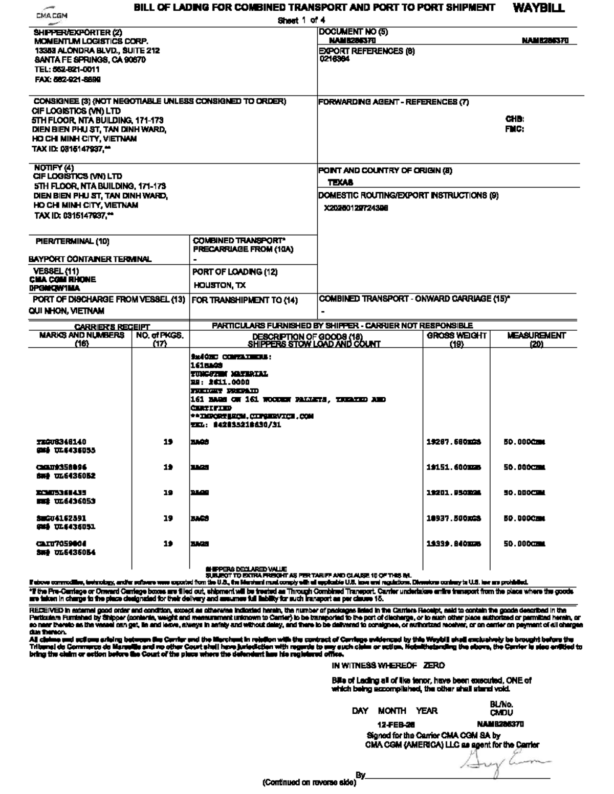Bill of Lading for Combined Transport - MBL NAM8285370 - Studocu