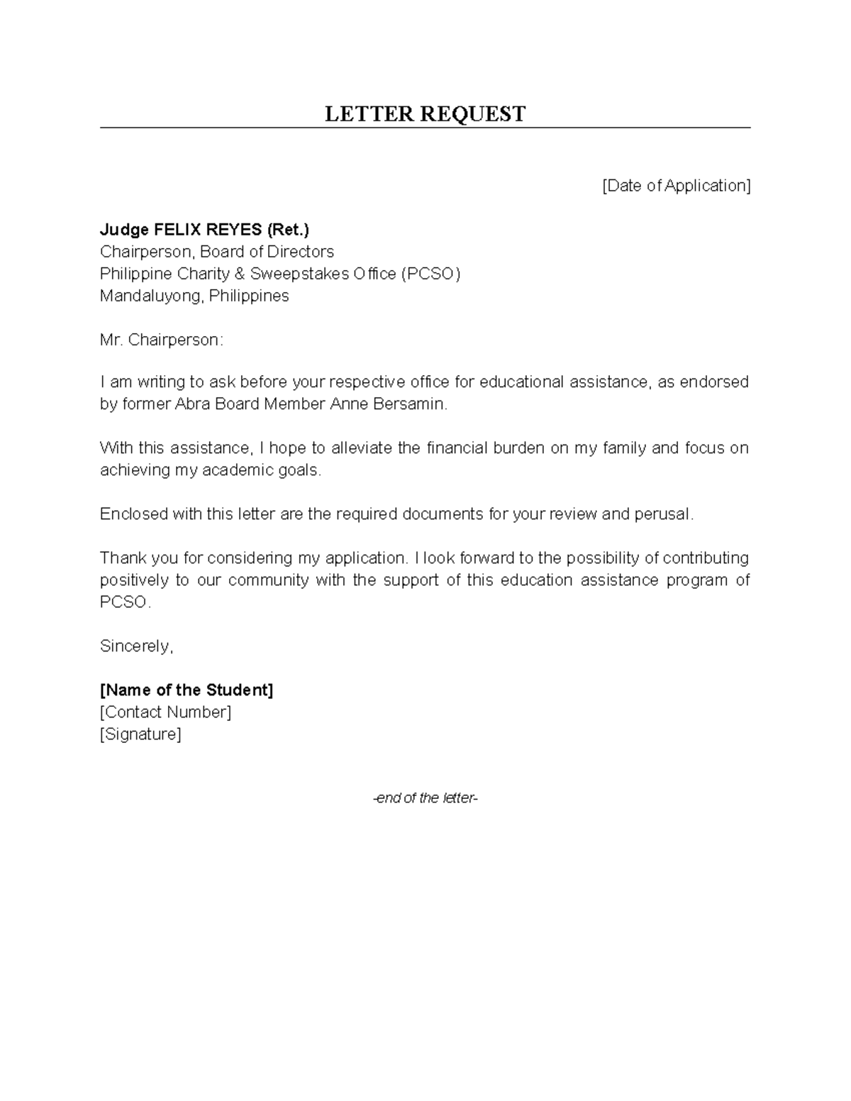 PCSO Educ Assistance Personal Letter Request Template - Studocu