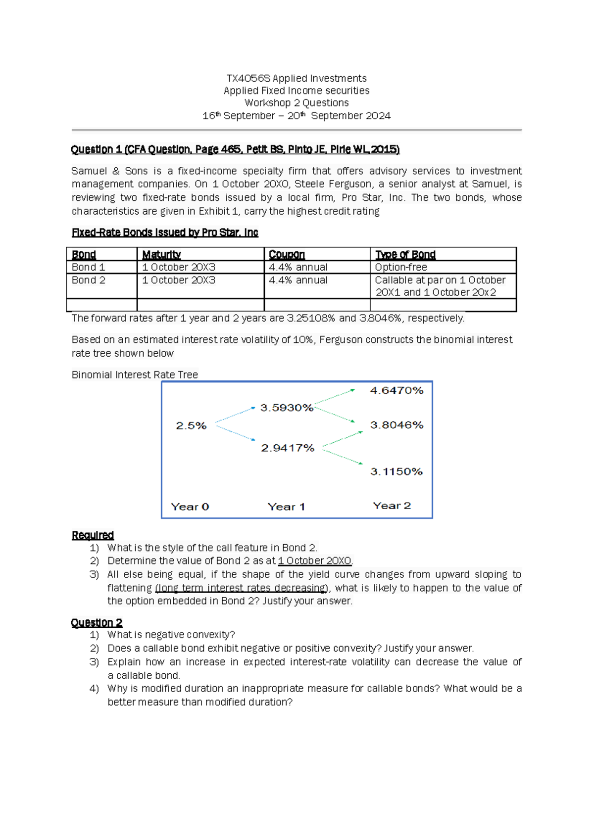 FTX4056S Applied Fixed Income Securities Workshop 2 Questions - Studocu