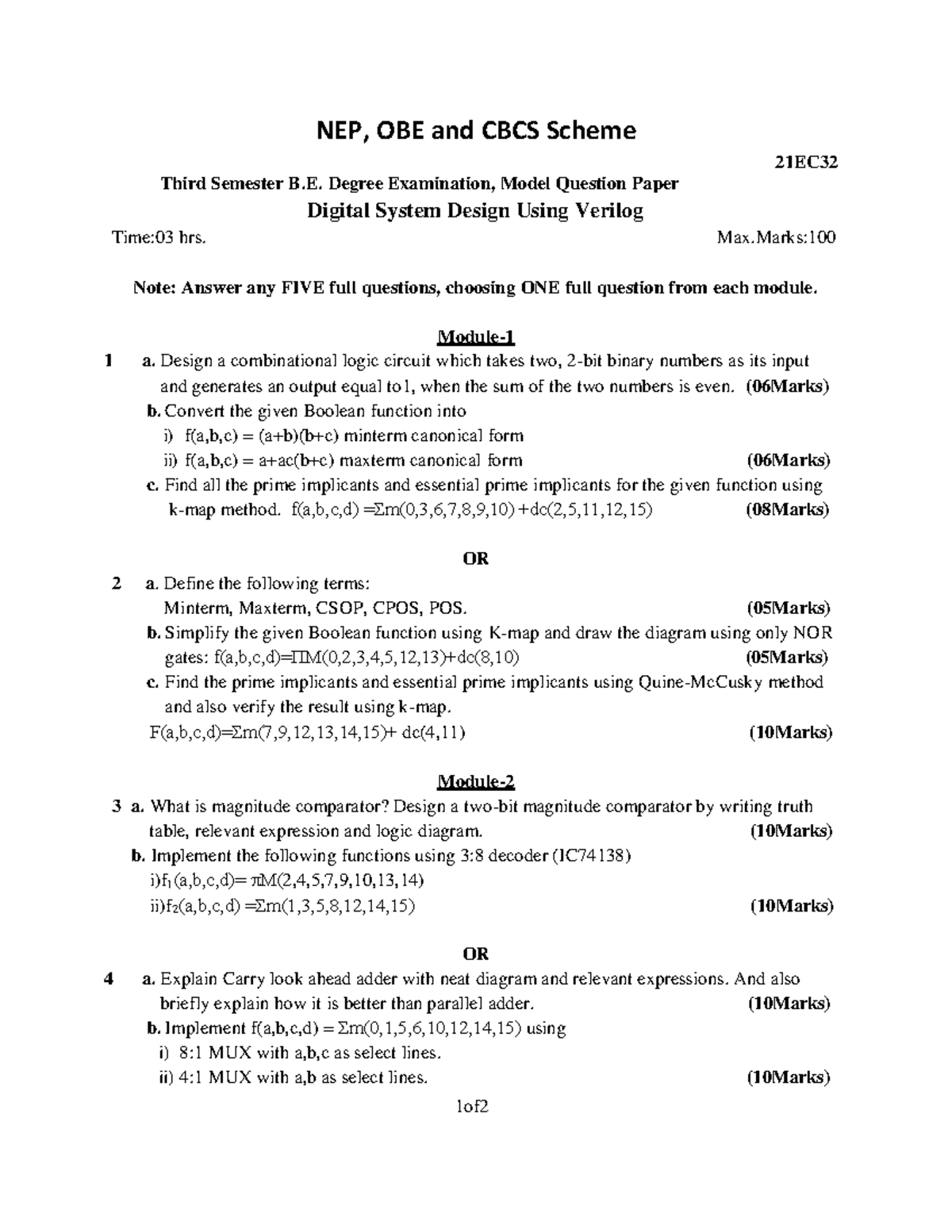 Digital System Design QP (21EC32) - Model Exam Questions - Studocu