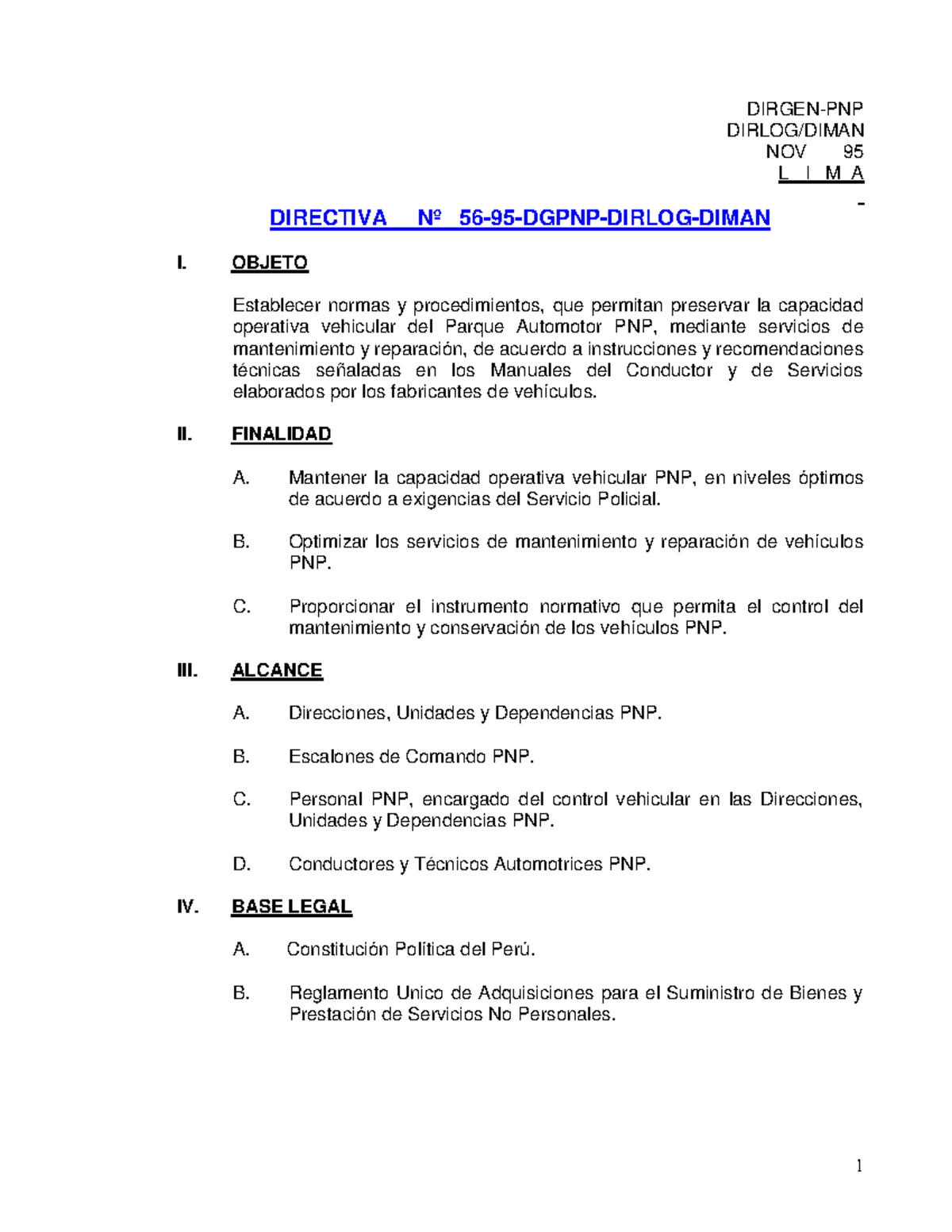Directiva Nº 56-95-DGPNP-DIRLOG-DIMAN: Mantenimiento Vehicular PNP - Document Preview