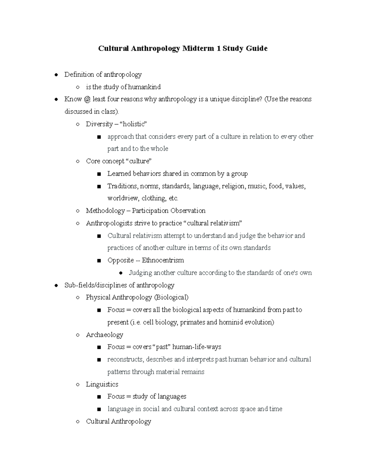 Cultural Anthropology Midterm 1 Study Materials and Key Concepts - Studocu