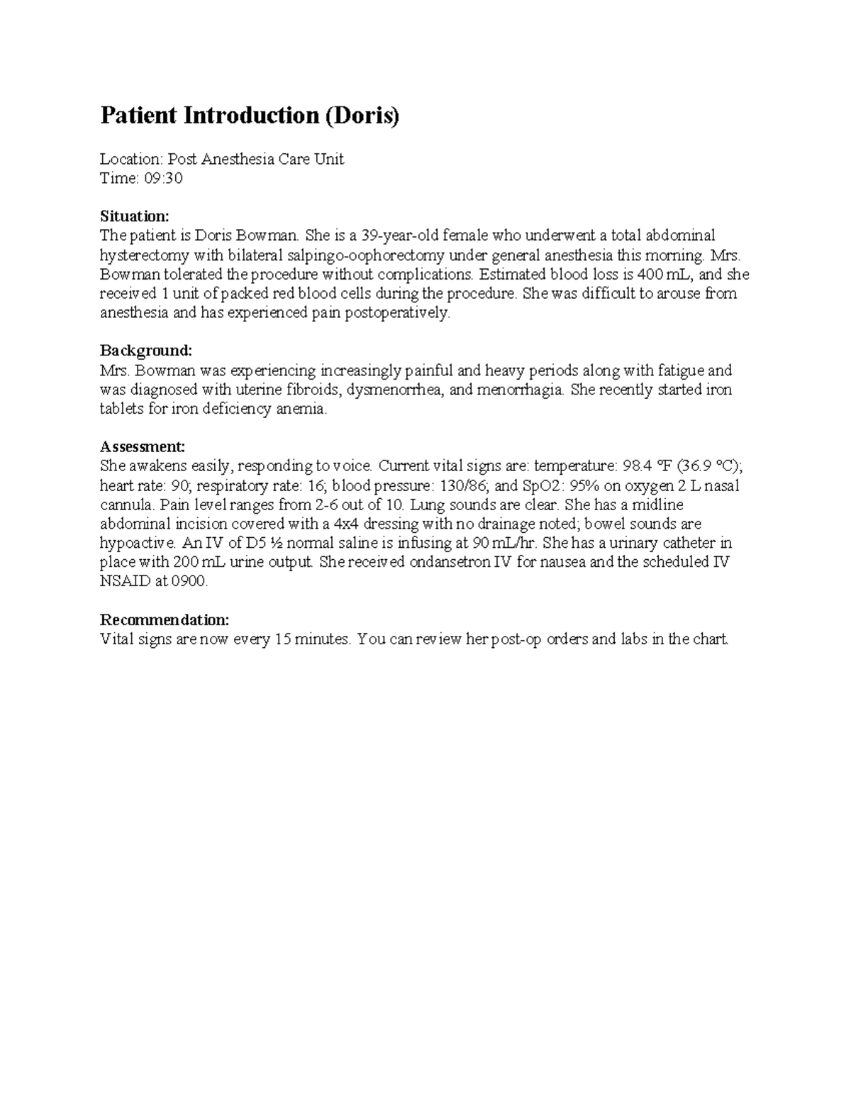 Patient Introduction - Summary Holistic Health Assessment - Patient ...