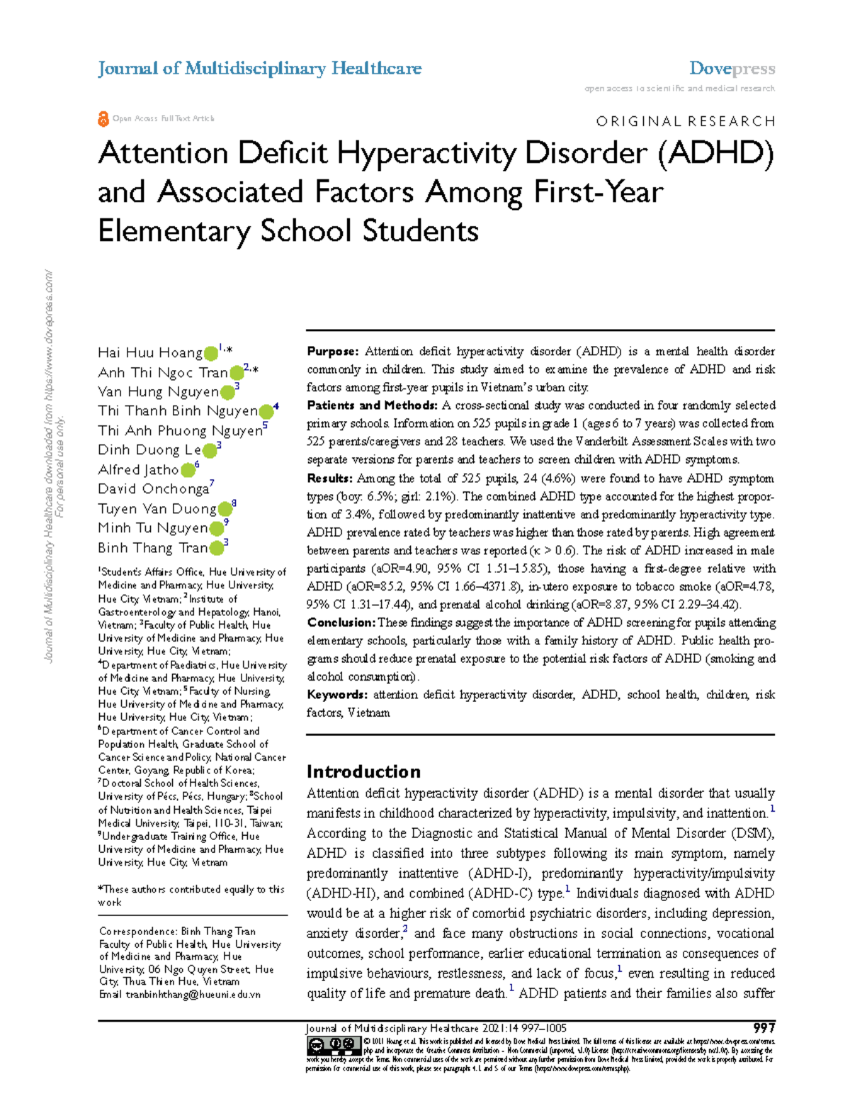 Prevalence and Risk Factors of ADHD in Elementary Students: A Study in ...