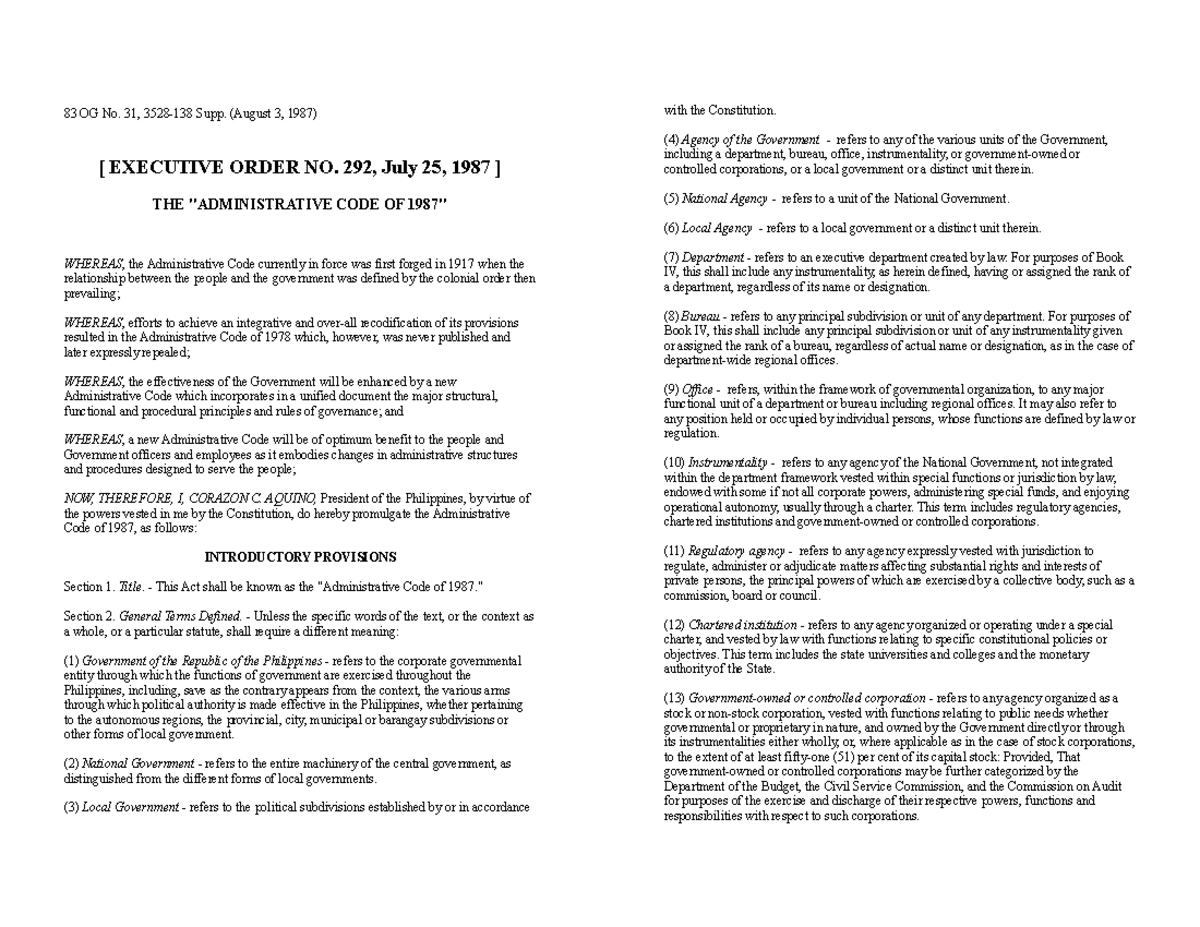Administrative Code of 1987: Executive Order No. 292 Overview - Studocu